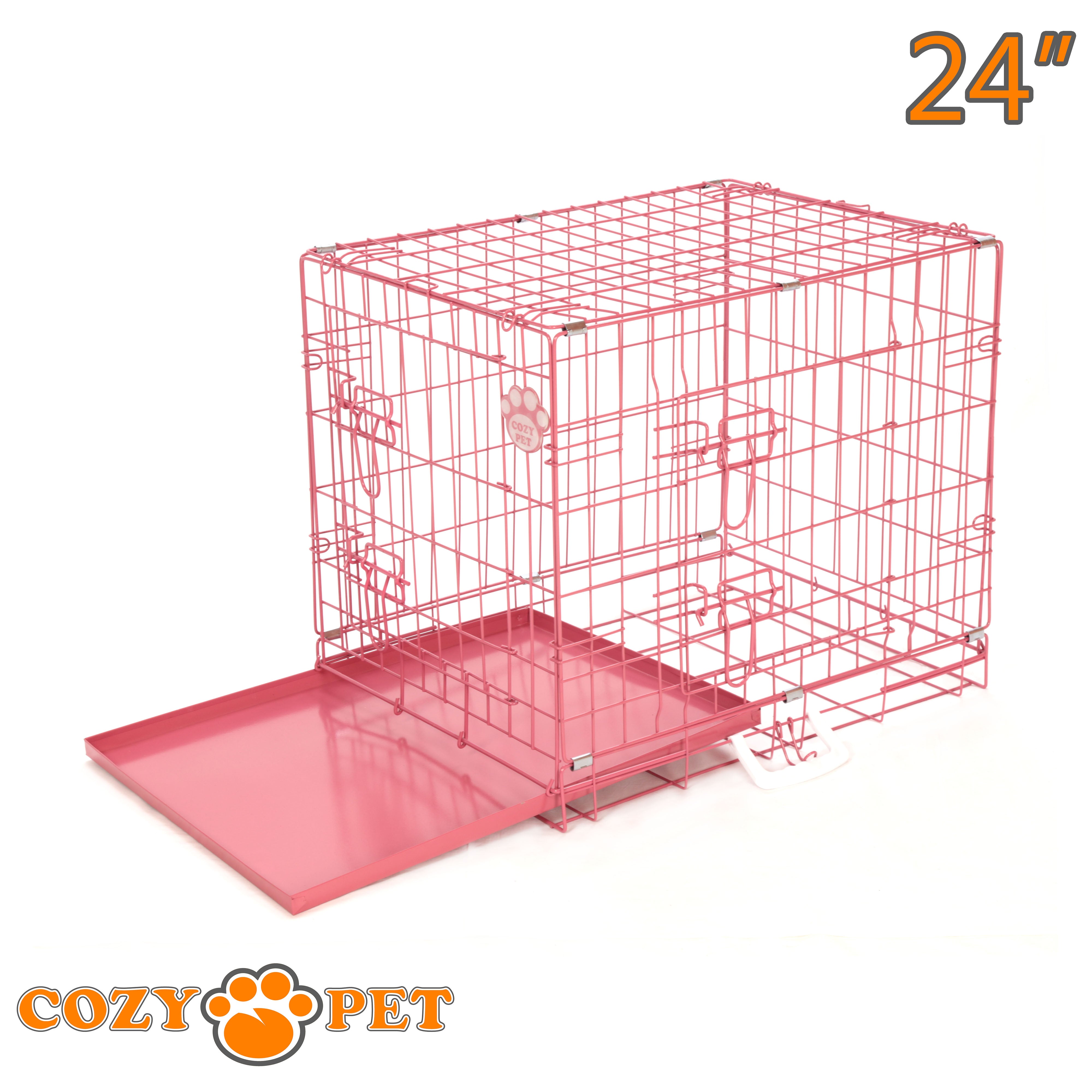 24" Cozy Pet Dog Cage in Pink with Taylored Vet Bedding and Metal Tray - DC24P + VB24C