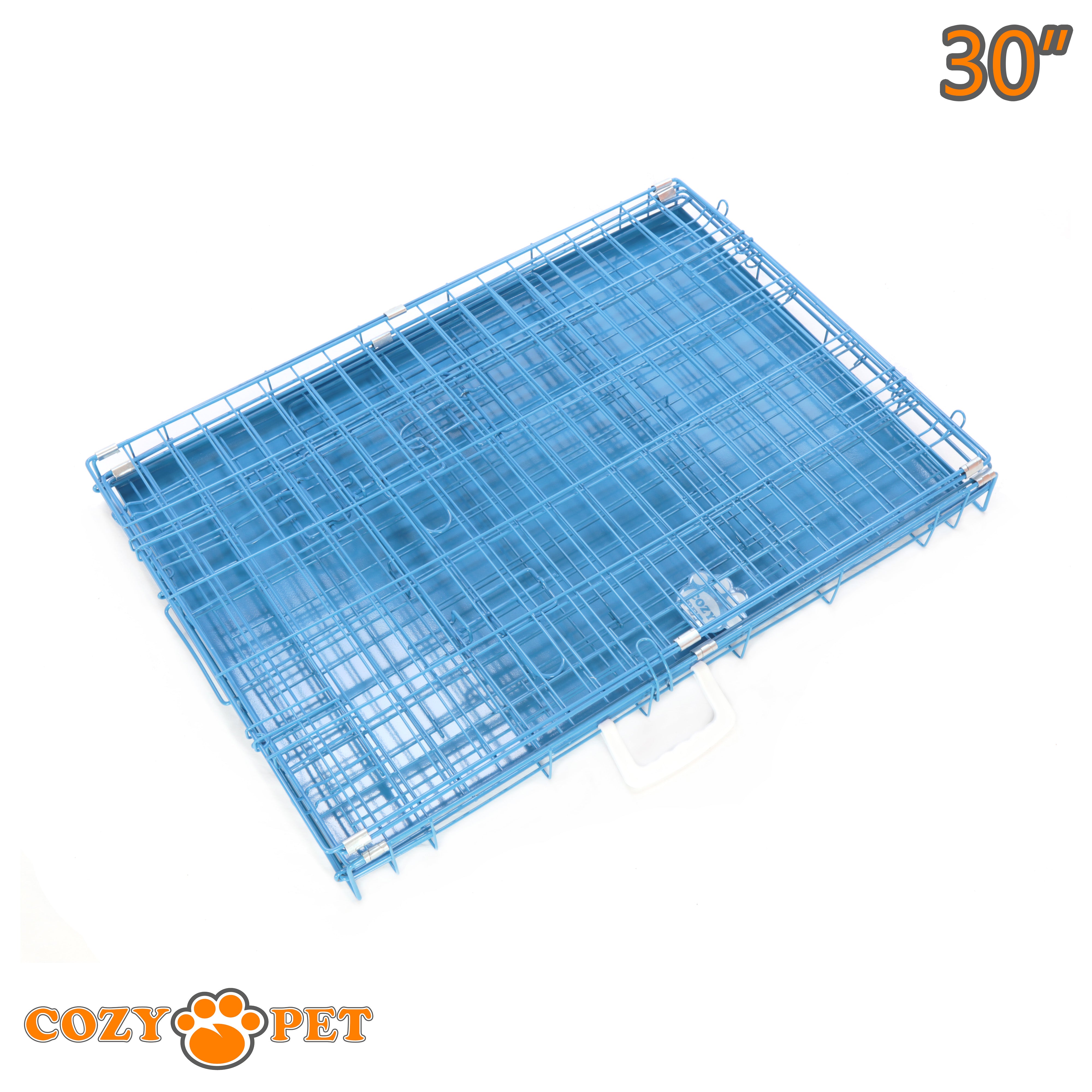 30" Cozy Pet Dog Cage in Blue with Tailored Vet Bedding and Metal Tray - DC30BL + VB30C