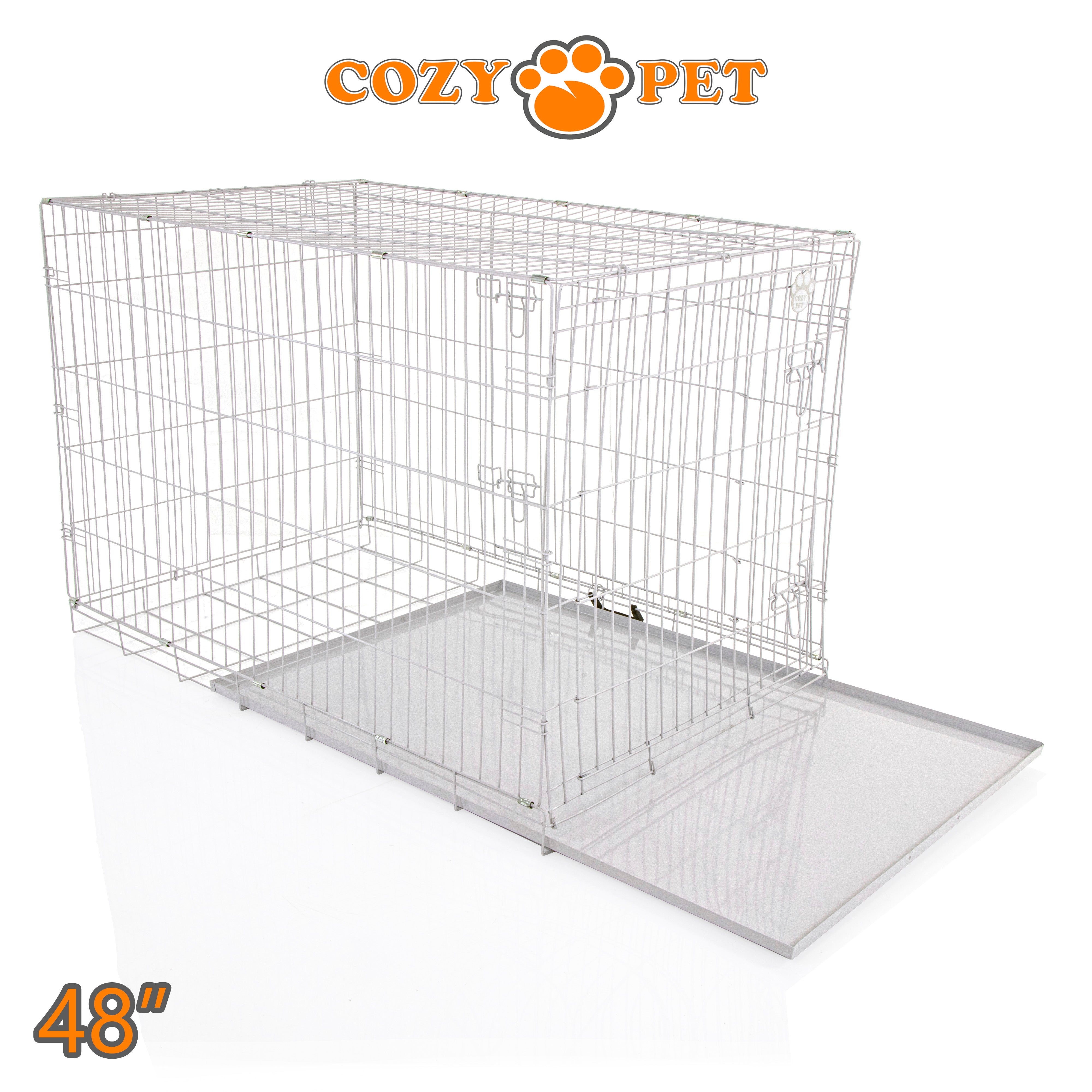 48" Dog Cage in Light Grey by Cozy Pet with Taylored Vet Bedding and a Metal Tray - DC48G + VB48C