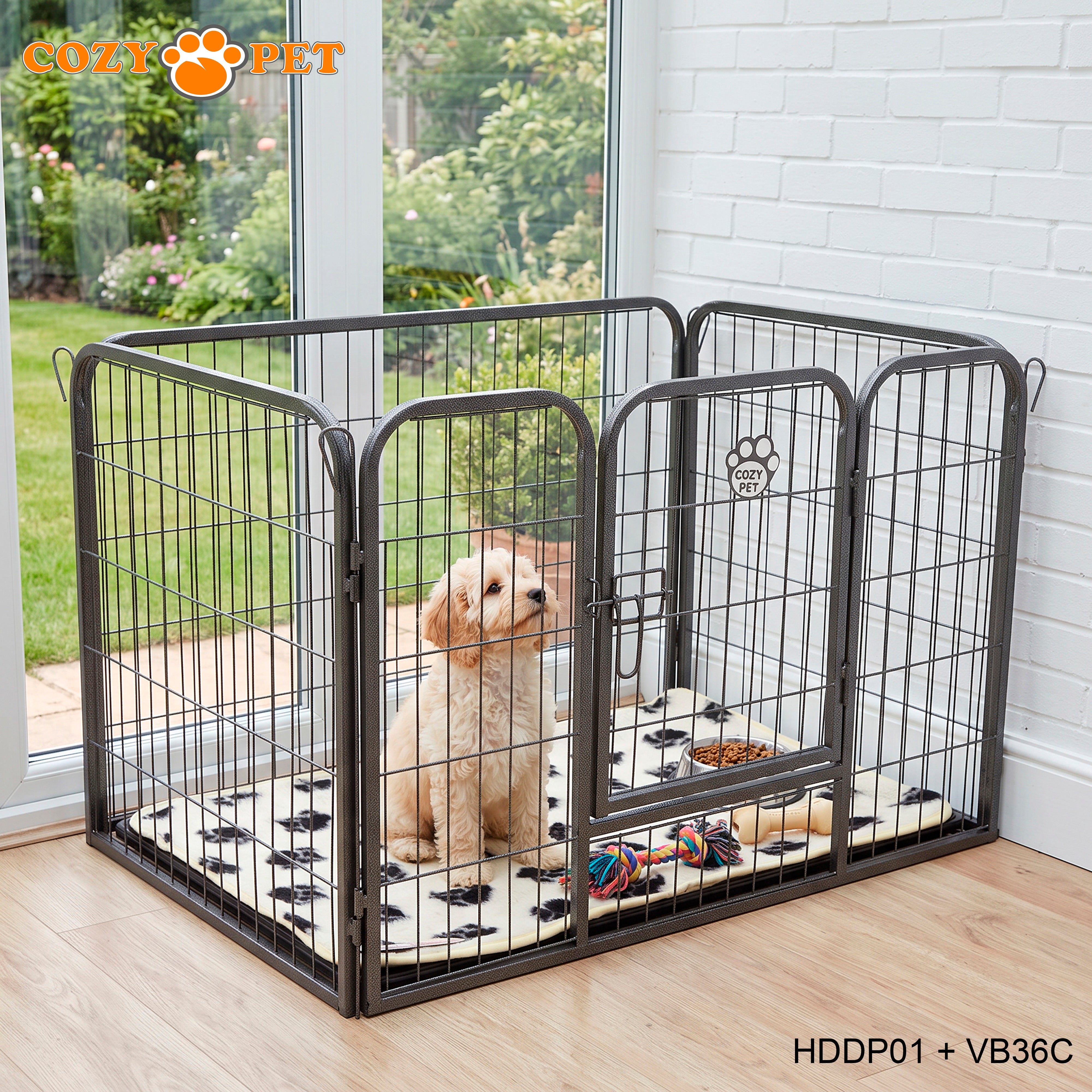 Cozy Pet Heavy Duty Playpen with ABS Tray and Vet Bed 61cm Tall Dog Crate Model HDDP01 + VB36C