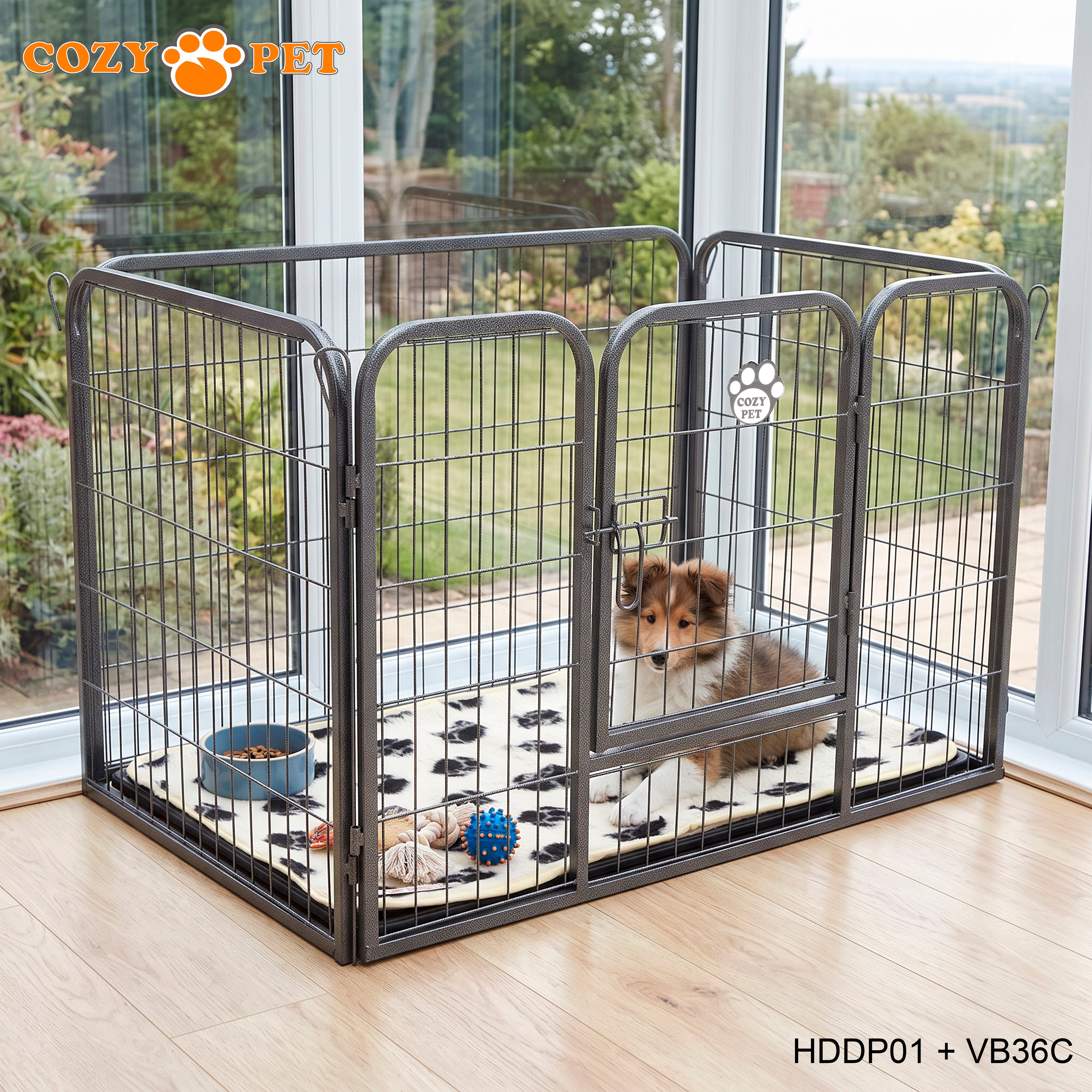 Cozy Pet Heavy Duty Playpen with ABS Tray and Vet Bed 61cm Tall Dog Crate Model HDDP01 + VB36C