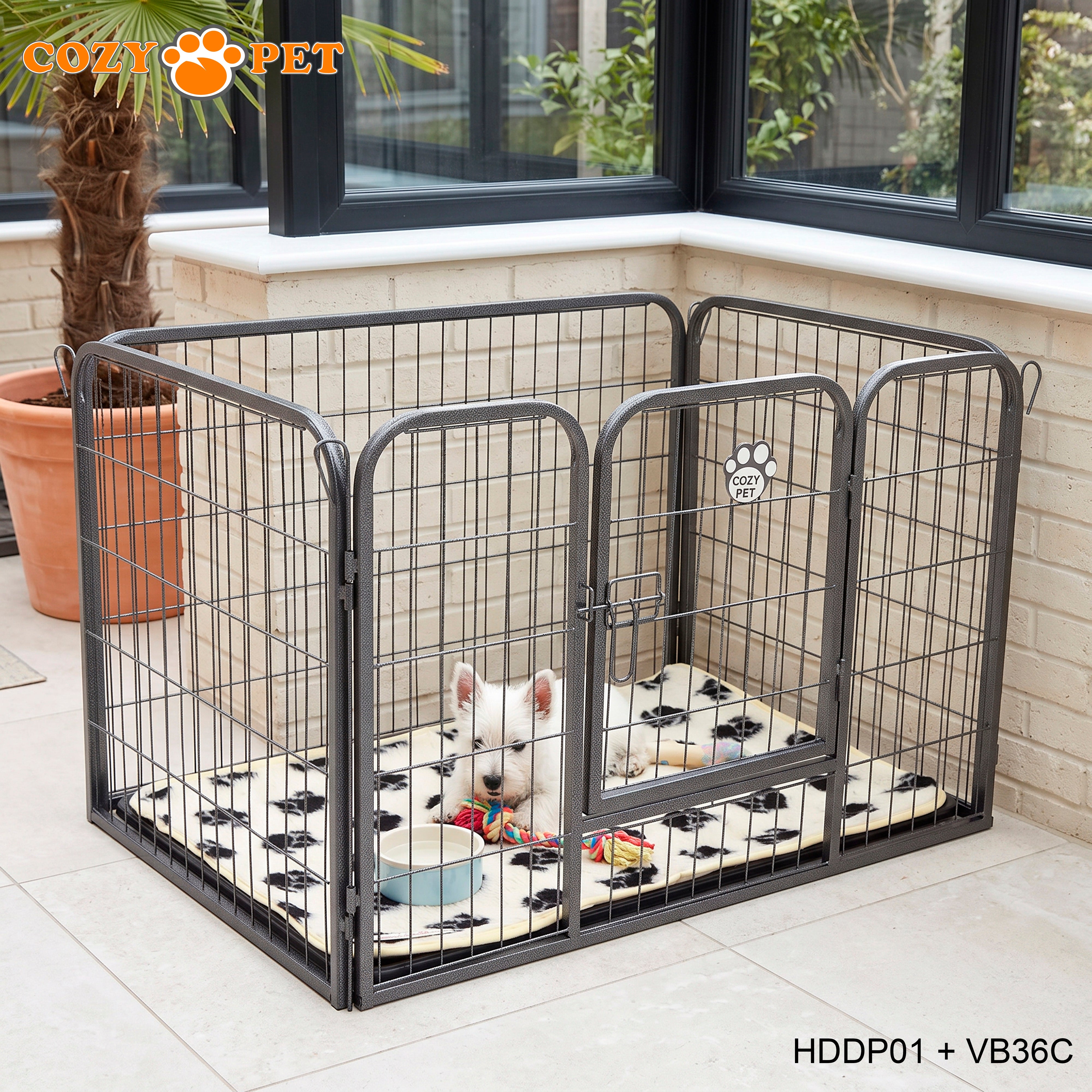 Cozy Pet Heavy Duty Playpen with ABS Tray and Vet Bed 61cm Tall Dog Crate Model HDDP01 + VB36C
