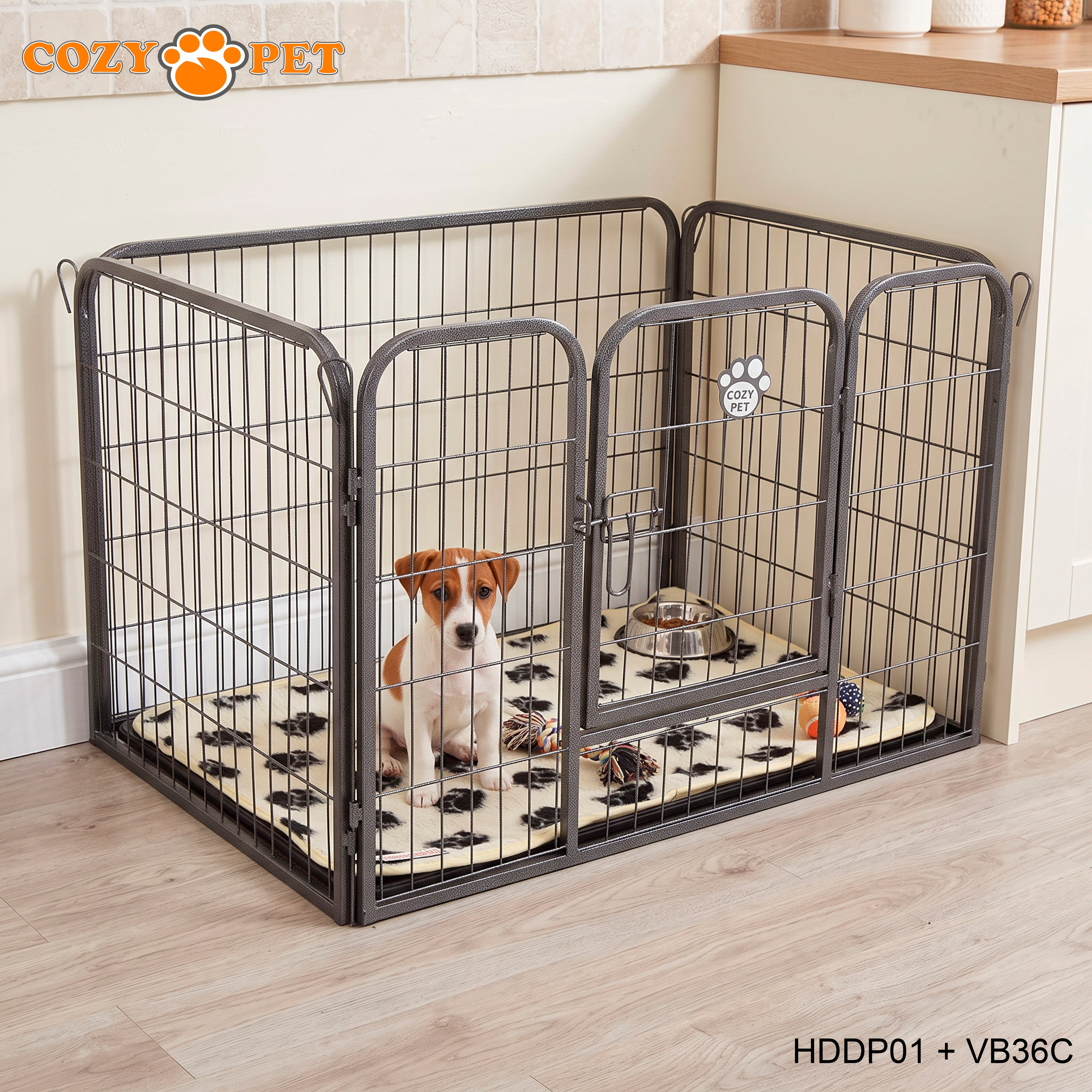 Cozy Pet Heavy Duty Playpen with ABS Tray and Vet Bed 61cm Tall Dog Crate Model HDDP01 + VB36C