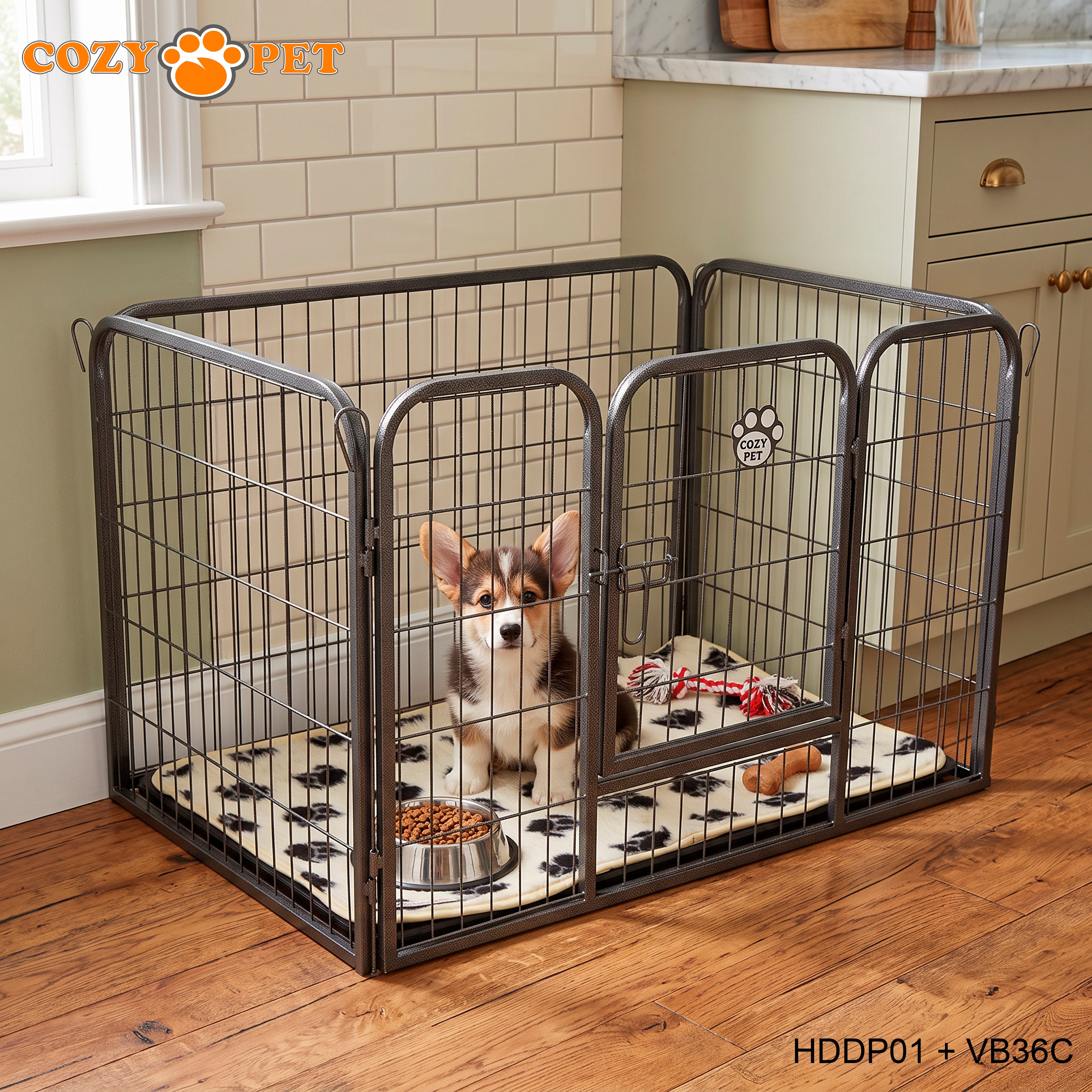 Cozy Pet Heavy Duty Playpen with ABS Tray and Vet Bed 61cm Tall Dog Crate Model HDDP01 + VB36C