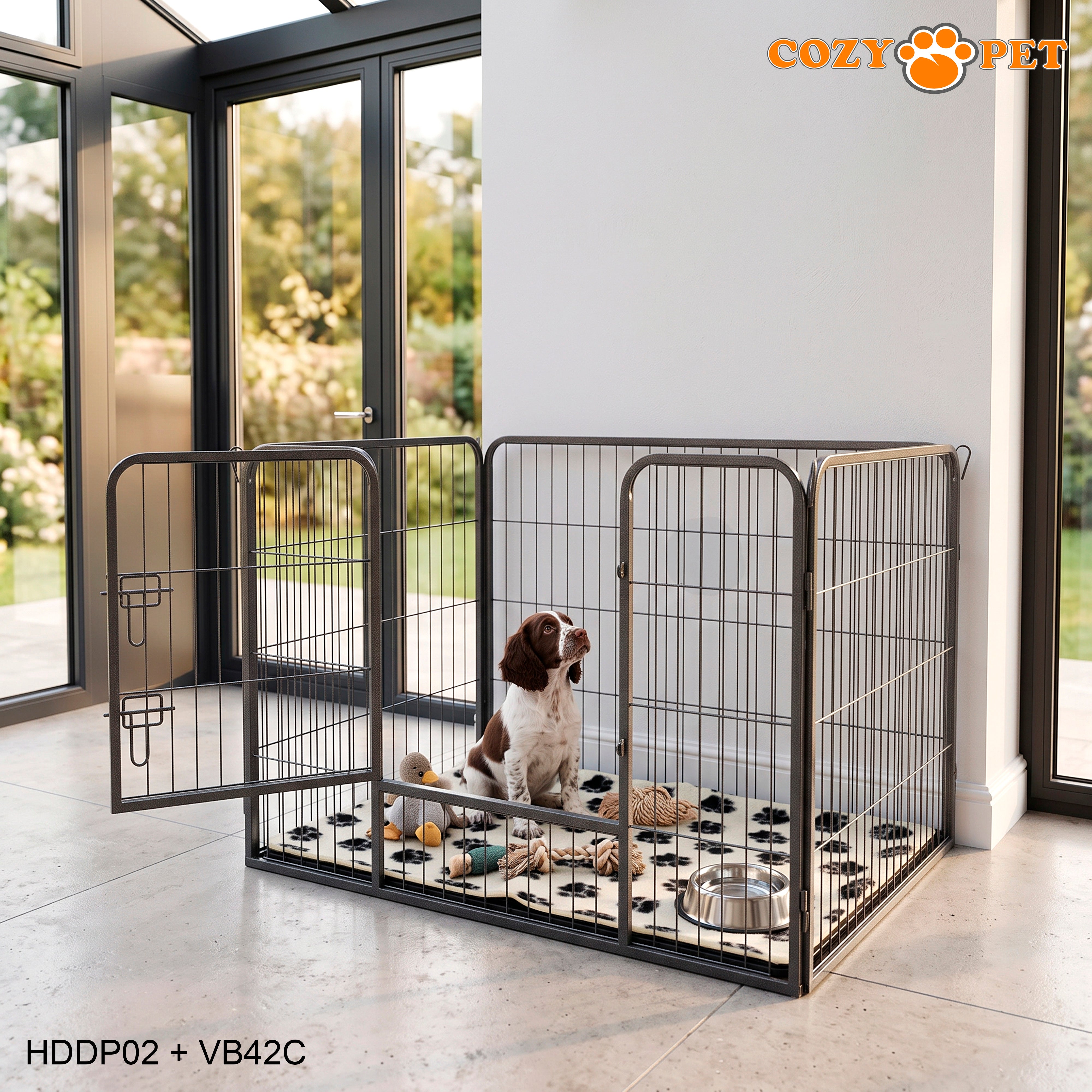 Cozy Pet Heavy Duty Playpen with ABS Tray and Vet Bed 70cm Tall Dog Crate Model HDDP02 + VB42C