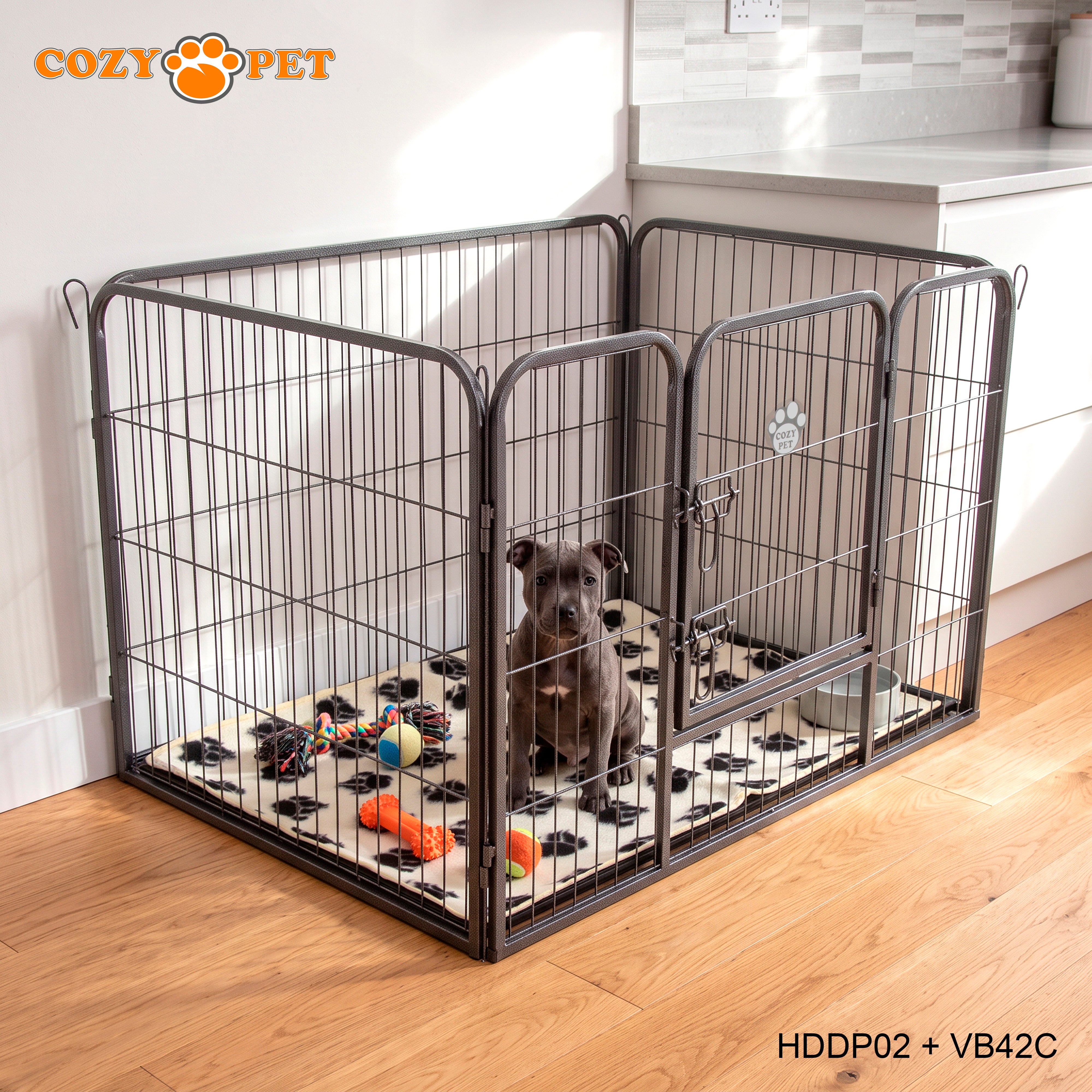 Cozy Pet Heavy Duty Playpen with ABS Tray and Vet Bed 70cm Tall Dog Crate Model HDDP02 + VB42C