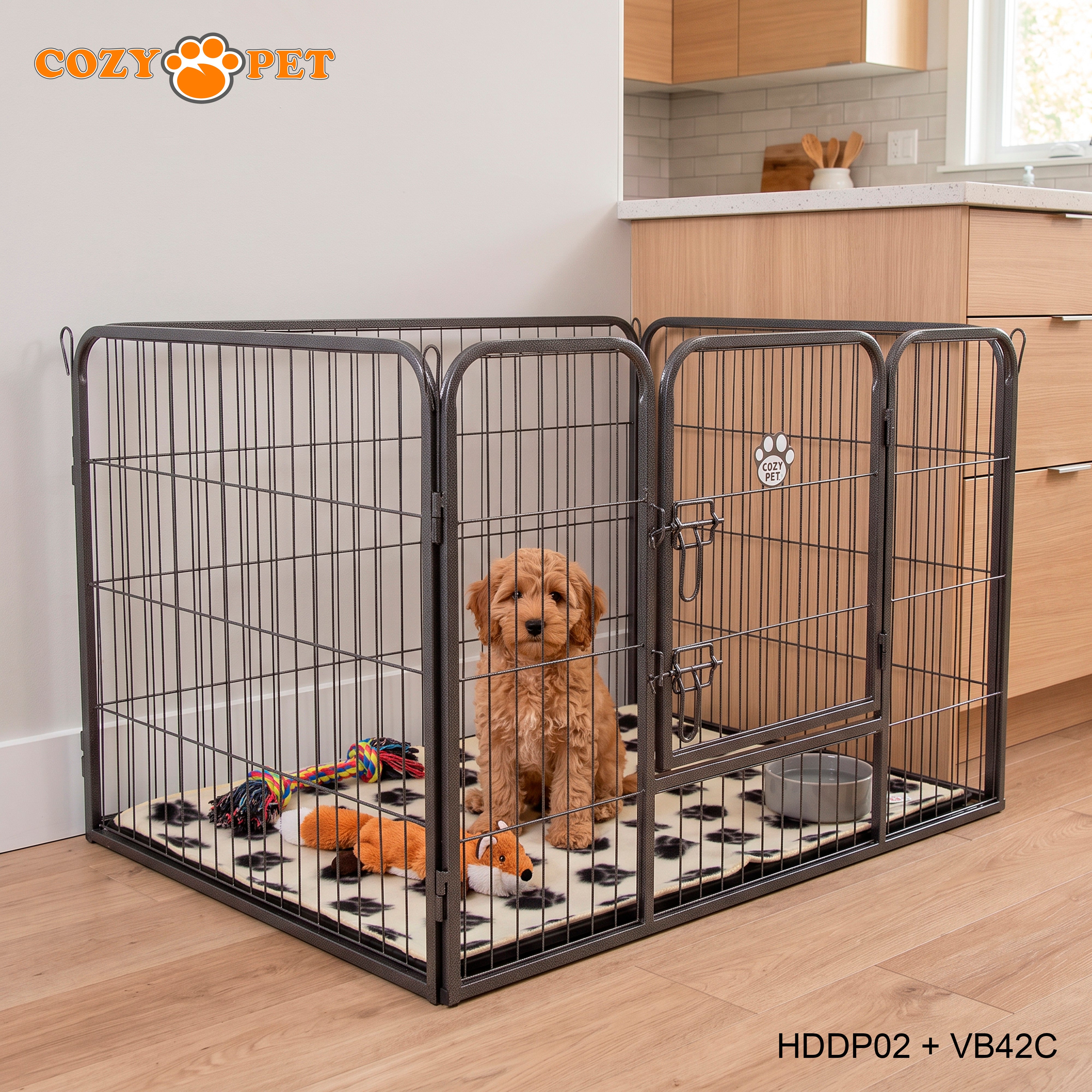 Cozy Pet Heavy Duty Playpen with ABS Tray and Vet Bed 70cm Tall Dog Crate Model HDDP02 + VB42C