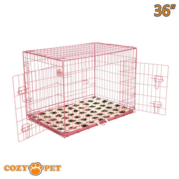 Dog Cage 36" in Pink by Cozy Pet with Taylored Vet Bedding and Metal Tray - DC36P + VB36C