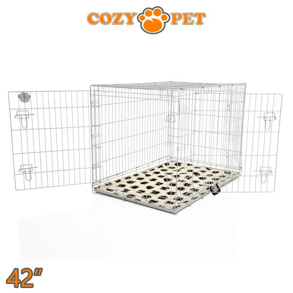 42" Cozy Pet Dog Cage in Light Grey with Taylored Vet Bedding and Metal Tray - DC42G + VB42C