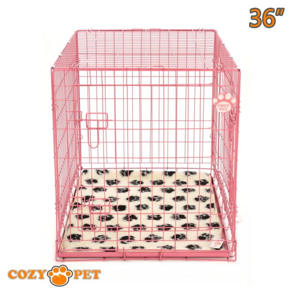 Dog Cage 36" in Pink by Cozy Pet with Taylored Vet Bedding and Metal Tray - DC36P + VB36C