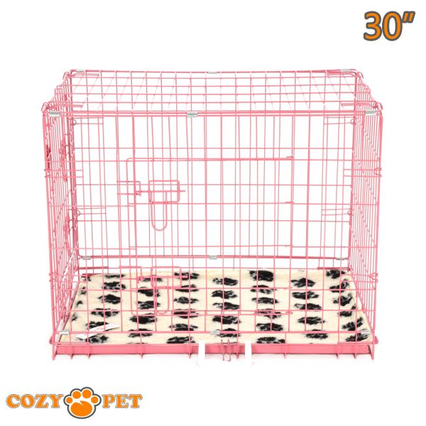 30" Cozy Pet Dog Cage in Pink with Tailored Vet Bedding and Metal Tray - DC30P + VB30C
