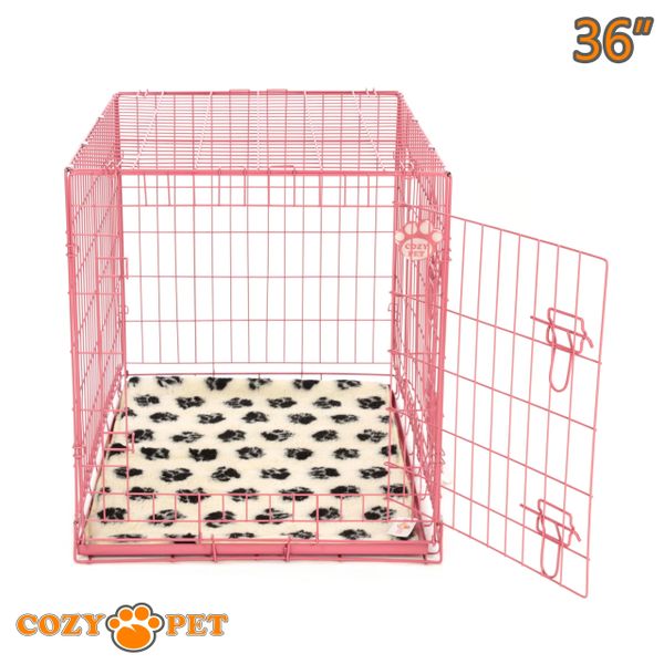 Dog Cage 36" in Pink by Cozy Pet with Taylored Vet Bedding and Metal Tray - DC36P + VB36C