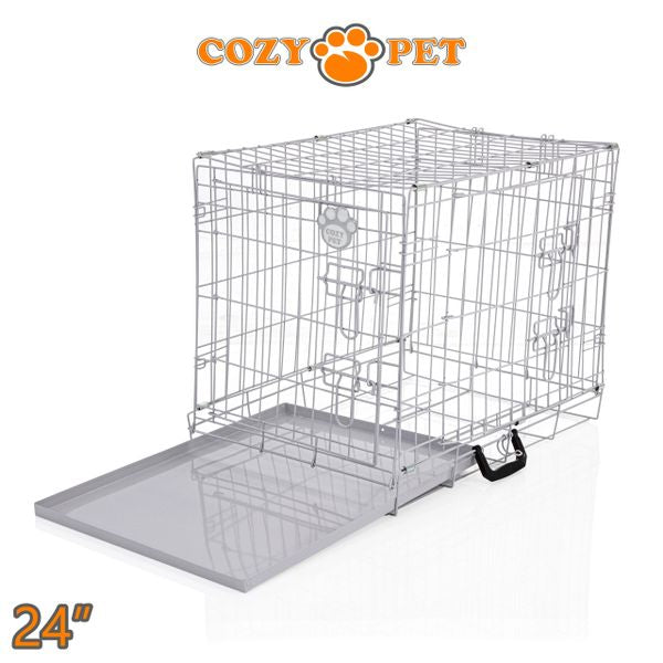 24" Cozy Pet Dog Cage in Light Grey with Taylored Vet Bedding and Metal Tray - DC24G + VB24C