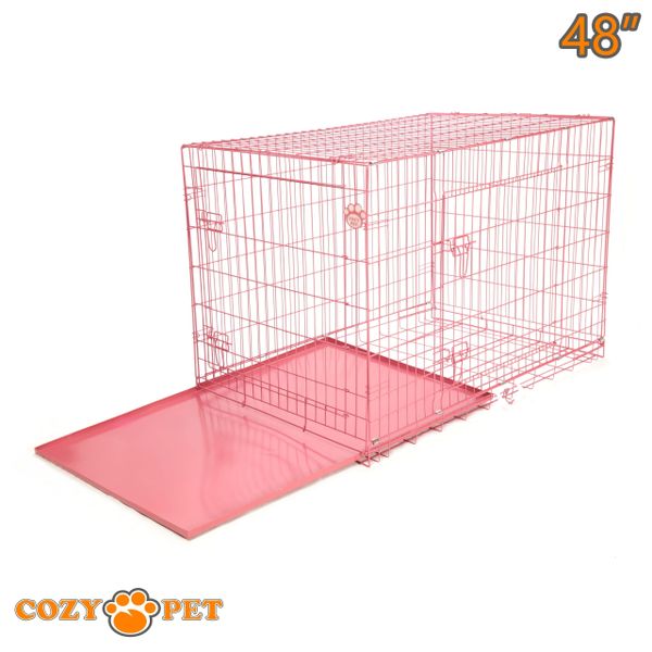 48" Dog Cage in Pink by Cozy Pet with Taylored Vet Bedding and a Metal Tray - DC48P + VB48C