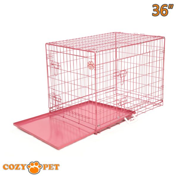 Dog Cage 36" in Pink by Cozy Pet with Taylored Vet Bedding and Metal Tray - DC36P + VB36C