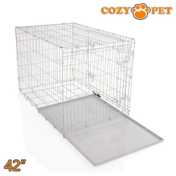 42" Cozy Pet Dog Cage in Light Grey with Taylored Vet Bedding and Metal Tray - DC42G + VB42C