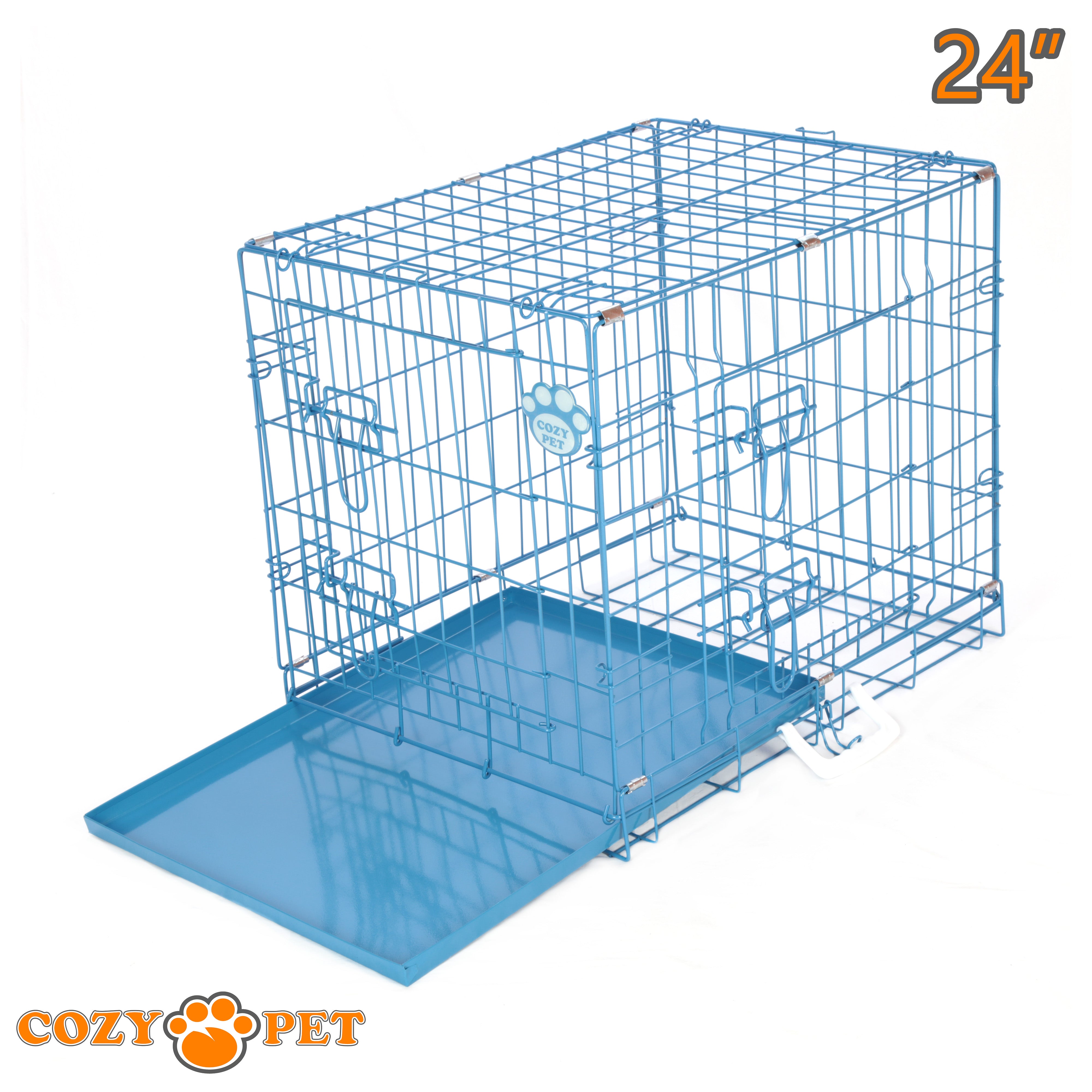 24" Cozy Pet Dog Cage in Blue with Taylored Vet Bedding and Metal Tray - DC24BL + VB24C