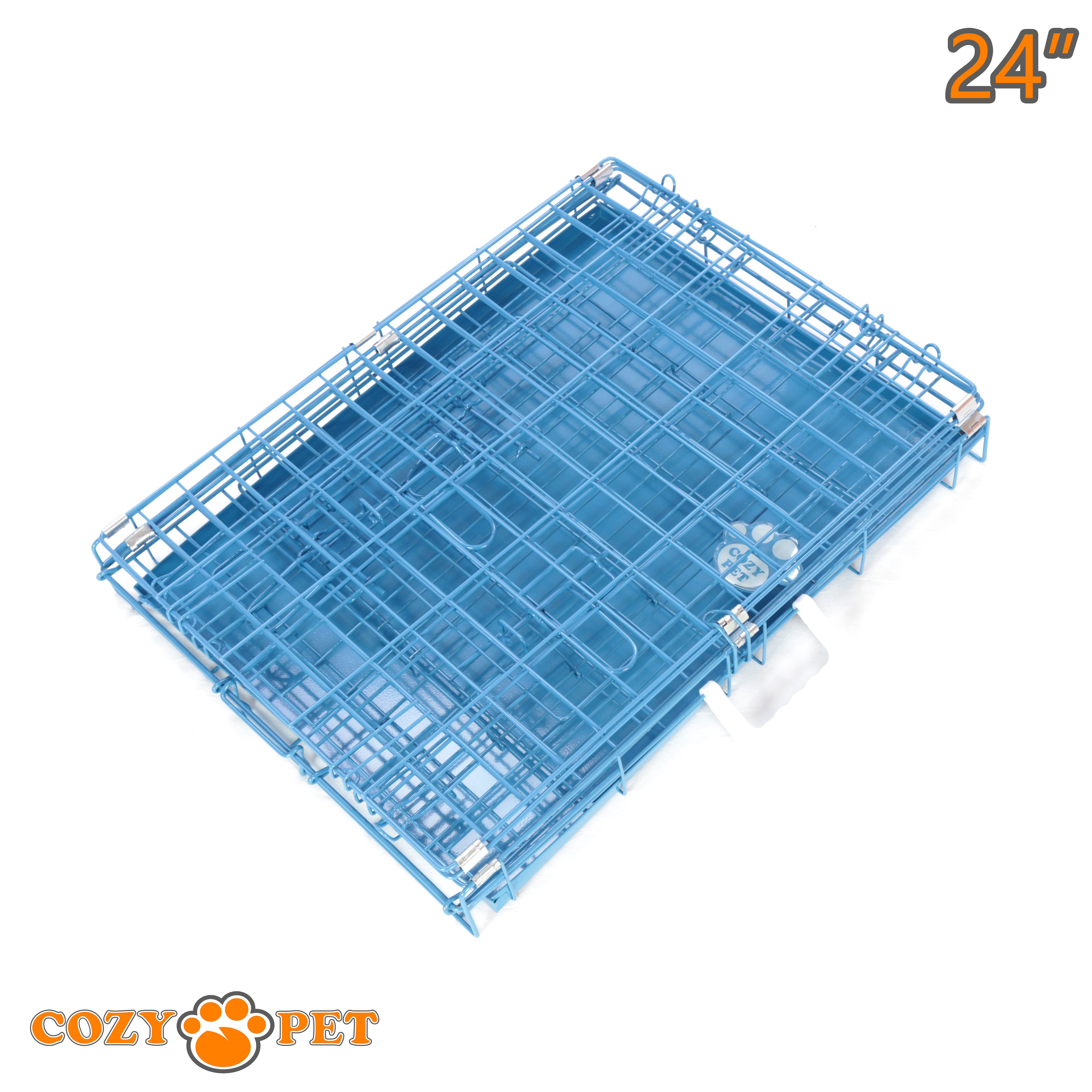 24" Cozy Pet Dog Cage in Blue with Taylored Vet Bedding and Metal Tray - DC24BL + VB24C