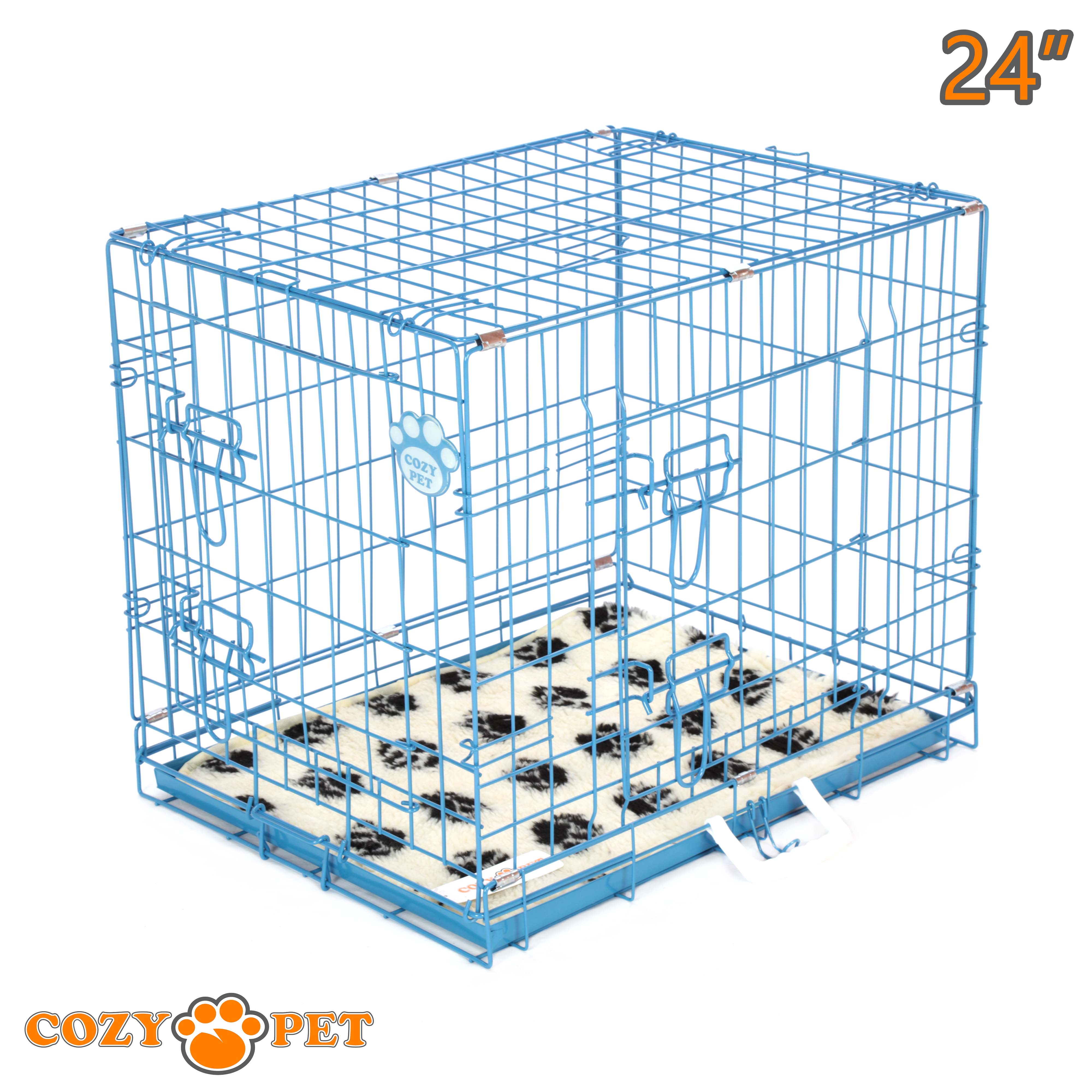 24" Cozy Pet Dog Cage in Blue with Taylored Vet Bedding and Metal Tray - DC24BL + VB24C