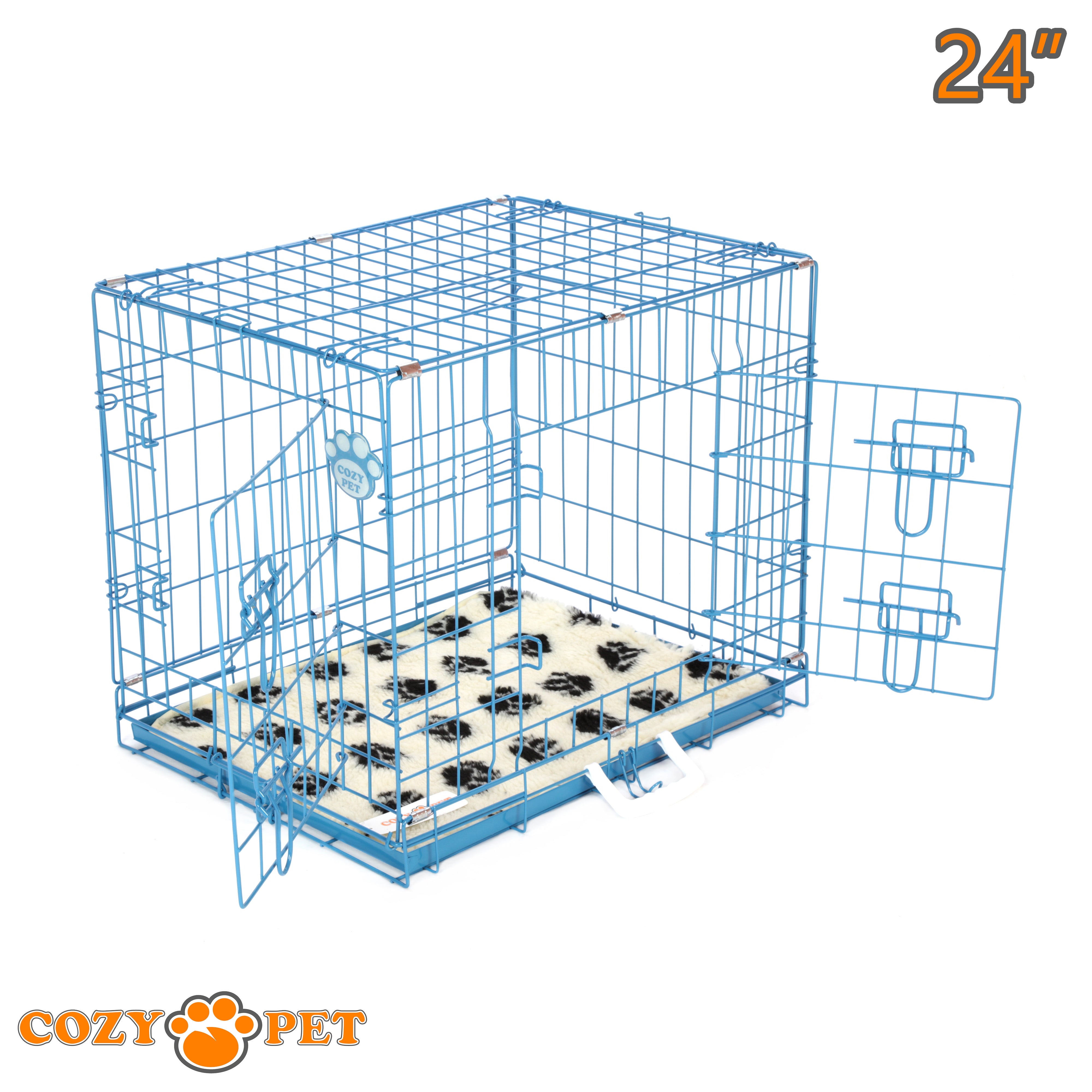 24" Cozy Pet Dog Cage in Blue with Taylored Vet Bedding and Metal Tray - DC24BL + VB24C