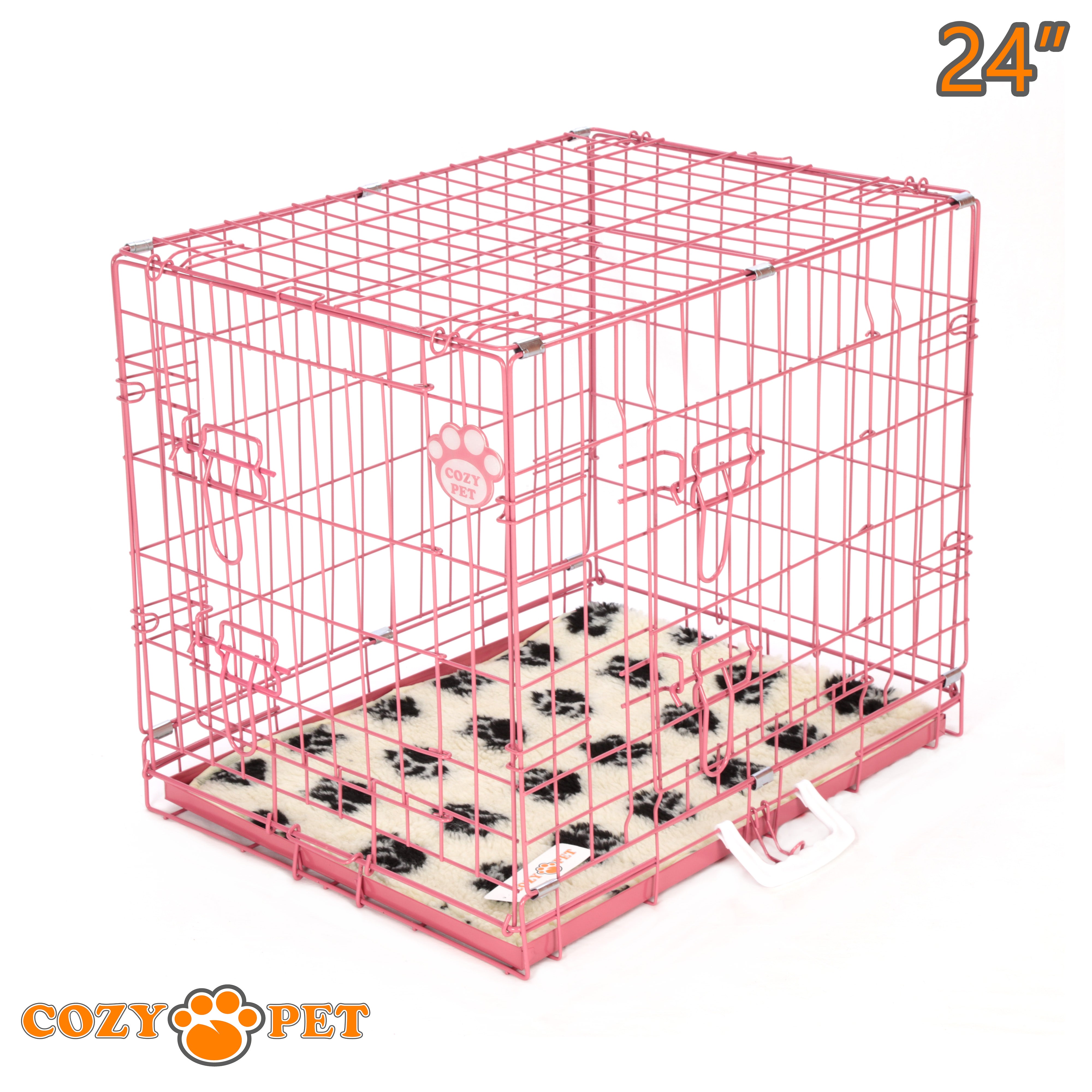 24" Cozy Pet Dog Cage in Pink with Taylored Vet Bedding and Metal Tray - DC24P + VB24C