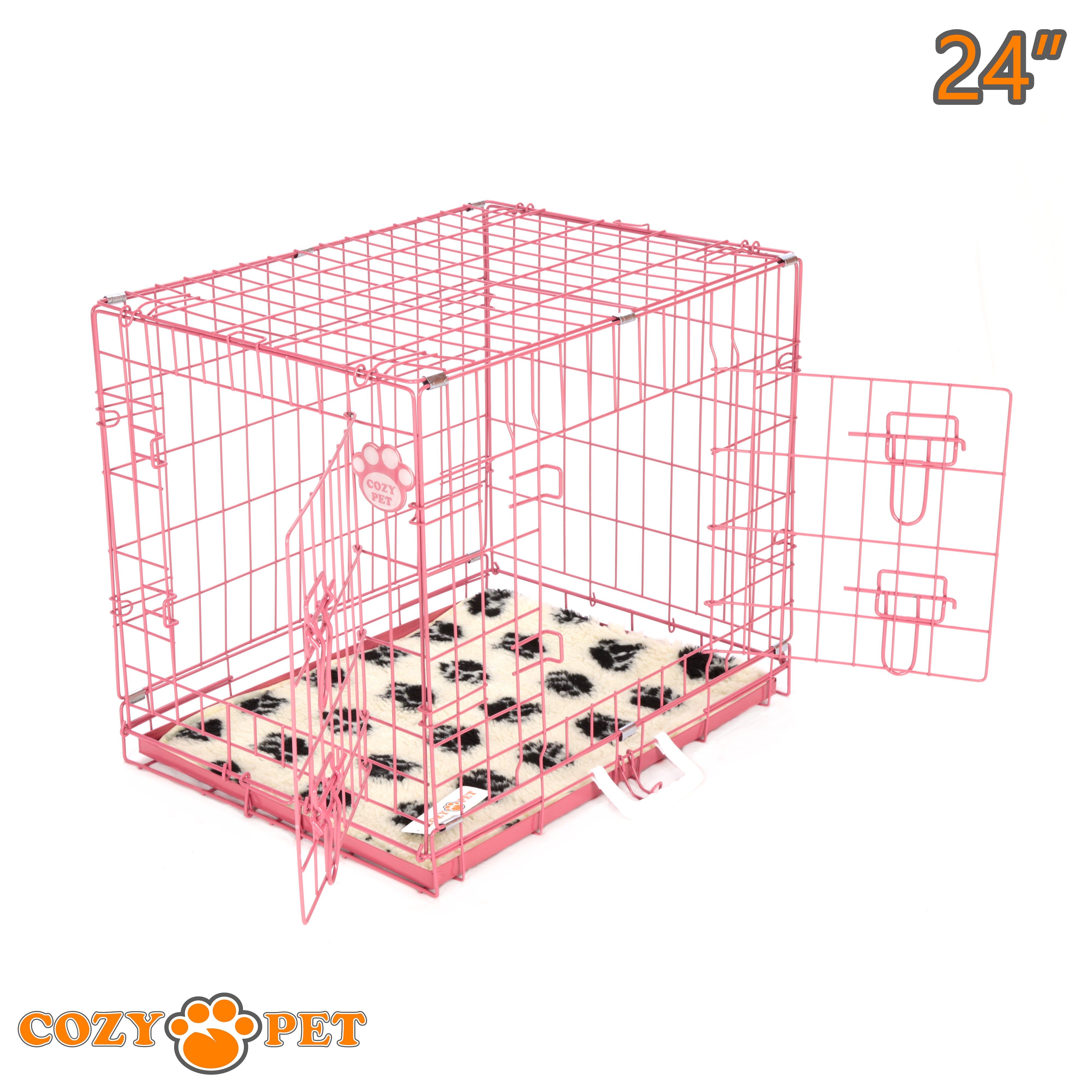 24" Cozy Pet Dog Cage in Pink with Taylored Vet Bedding and Metal Tray - DC24P + VB24C