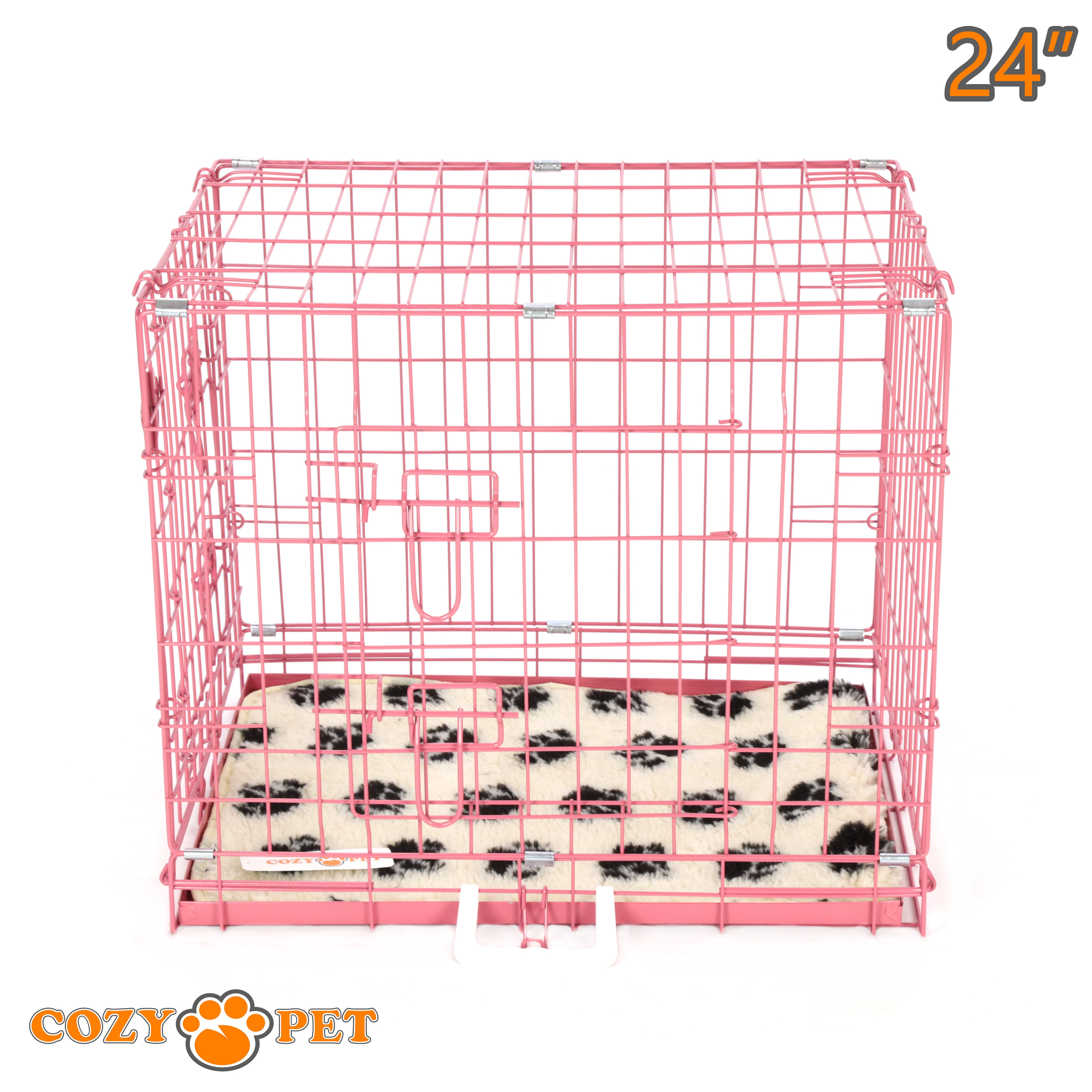 24" Cozy Pet Dog Cage in Pink with Taylored Vet Bedding and Metal Tray - DC24P + VB24C