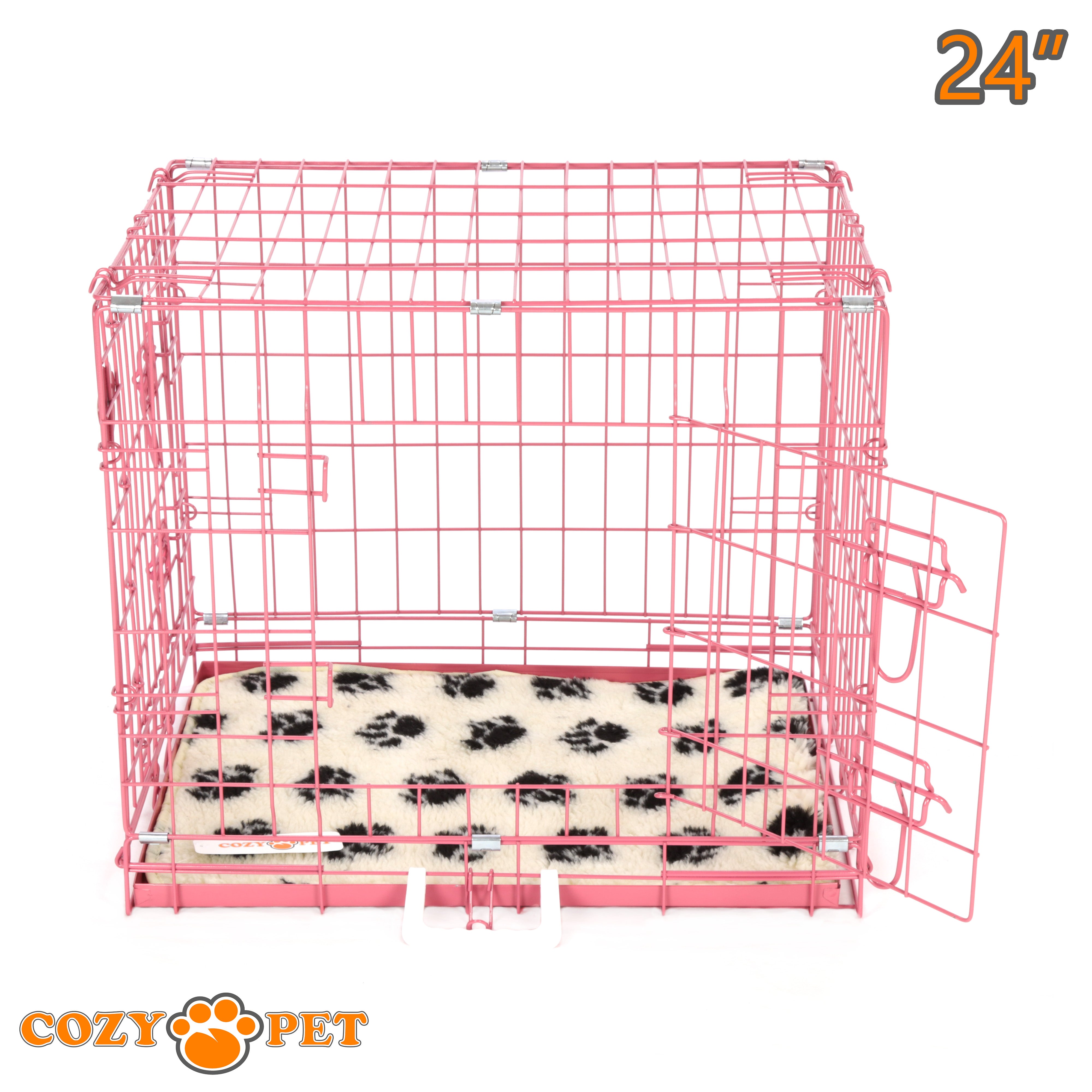 24" Cozy Pet Dog Cage in Pink with Taylored Vet Bedding and Metal Tray - DC24P + VB24C