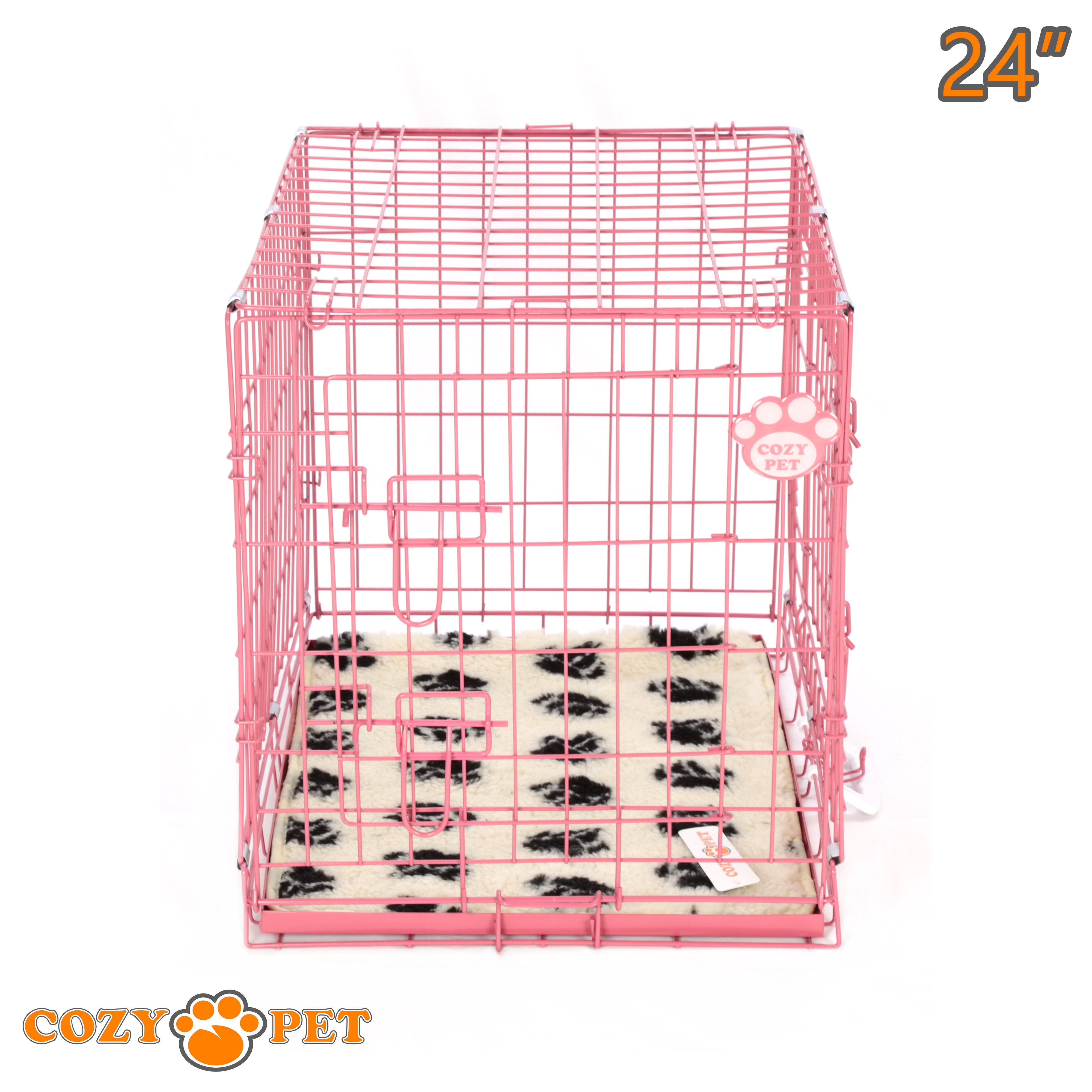 24" Cozy Pet Dog Cage in Pink with Taylored Vet Bedding and Metal Tray - DC24P + VB24C