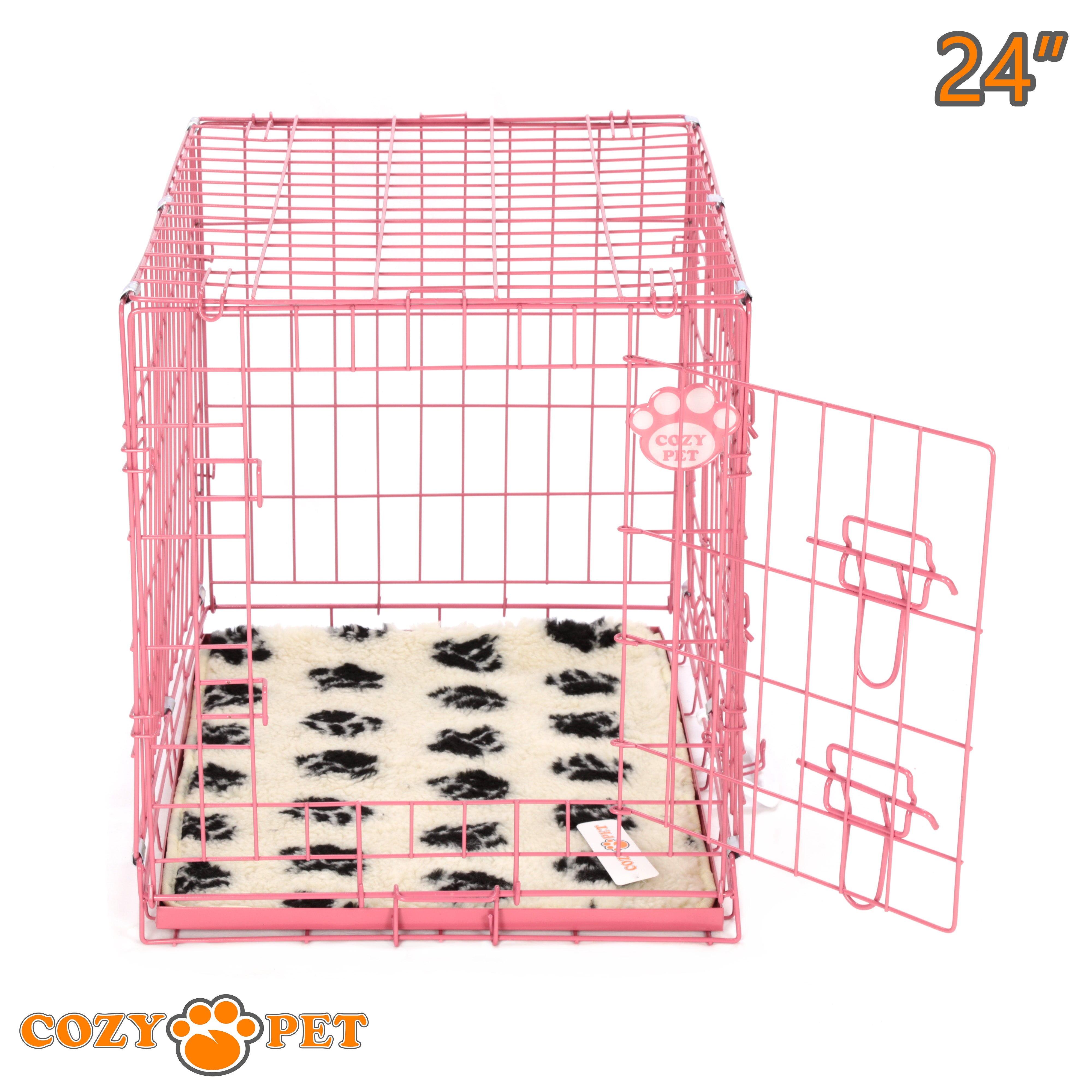 24" Cozy Pet Dog Cage in Pink with Taylored Vet Bedding and Metal Tray - DC24P + VB24C