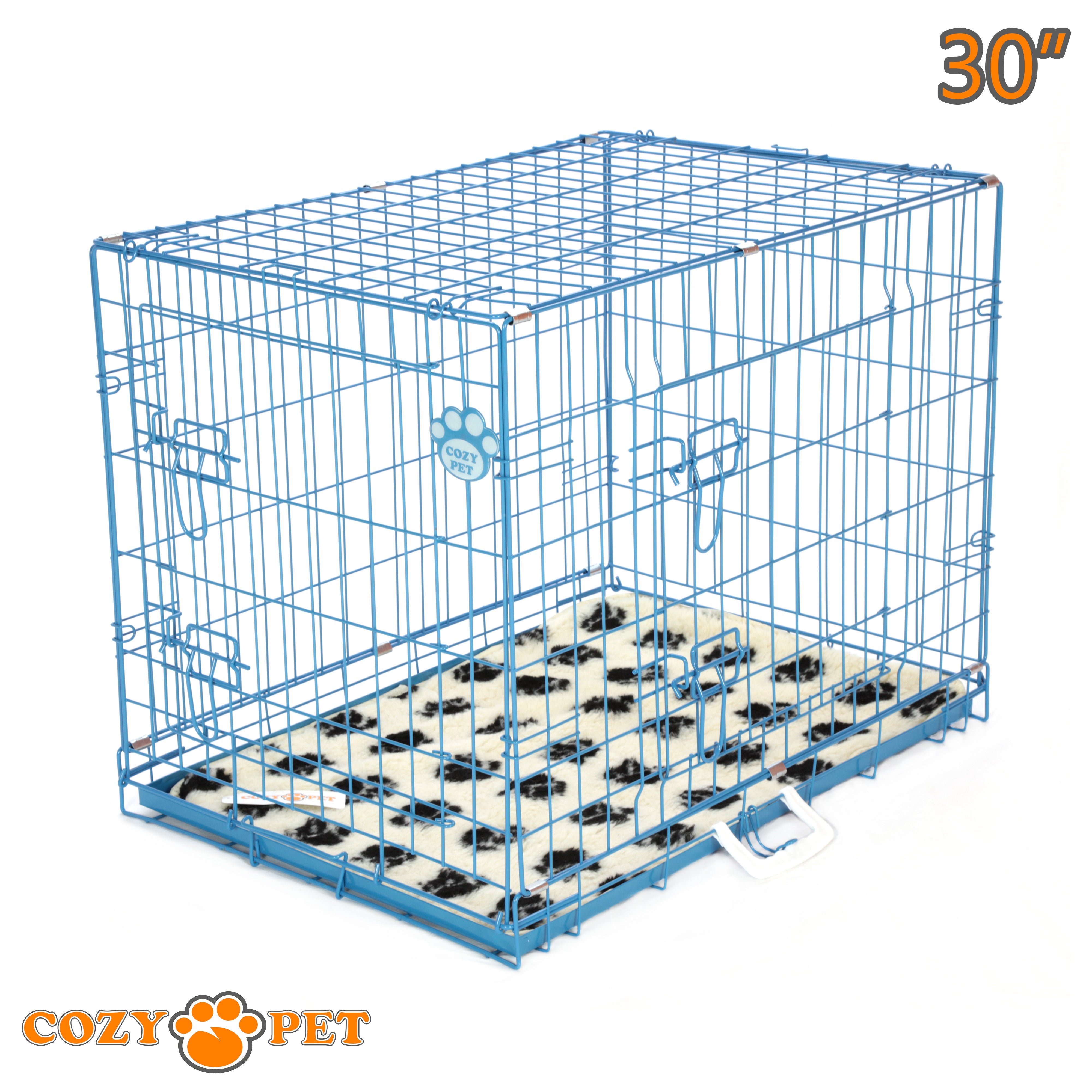 30" Cozy Pet Dog Cage in Blue with Tailored Vet Bedding and Metal Tray - DC30BL + VB30C