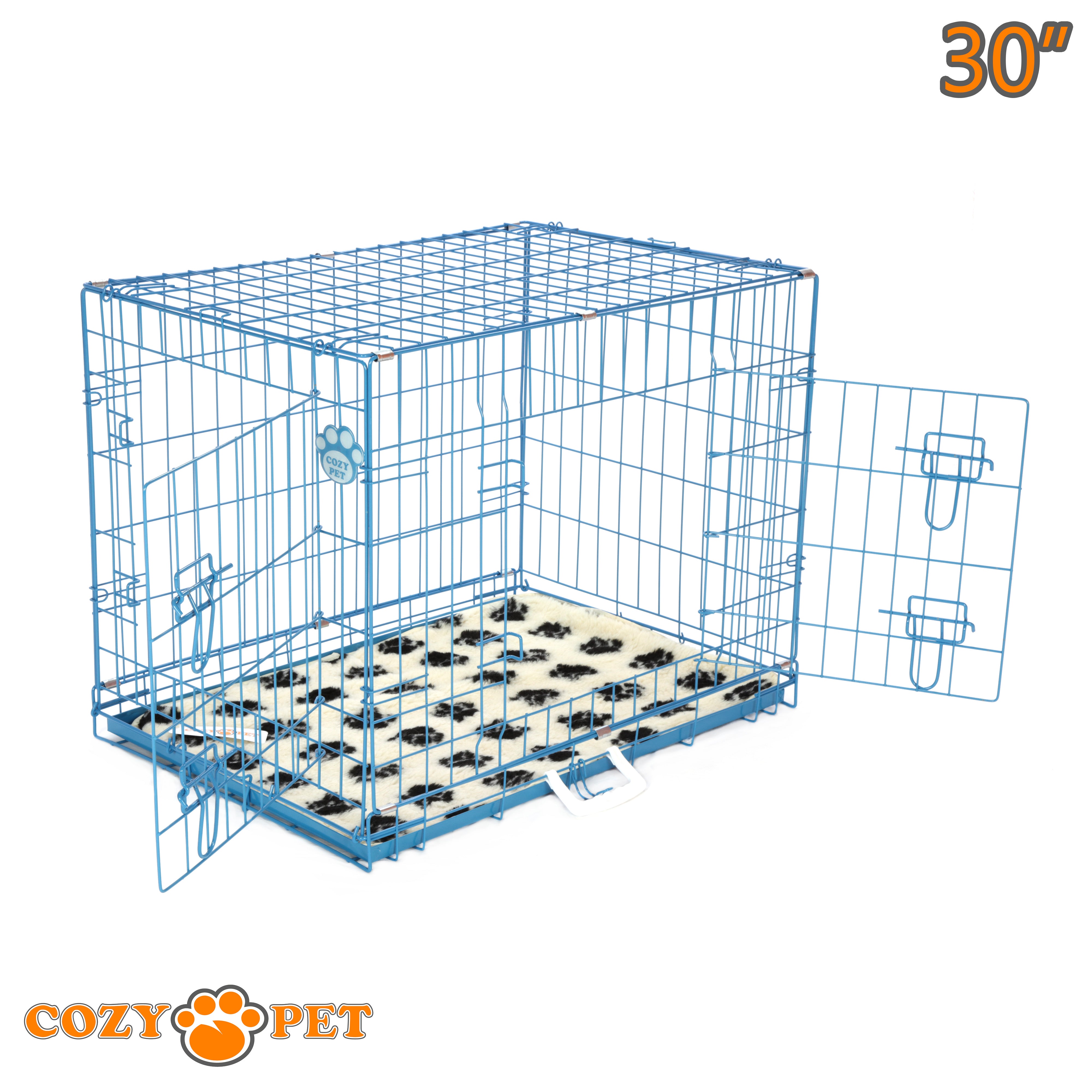 30" Cozy Pet Dog Cage in Blue with Tailored Vet Bedding and Metal Tray - DC30BL + VB30C