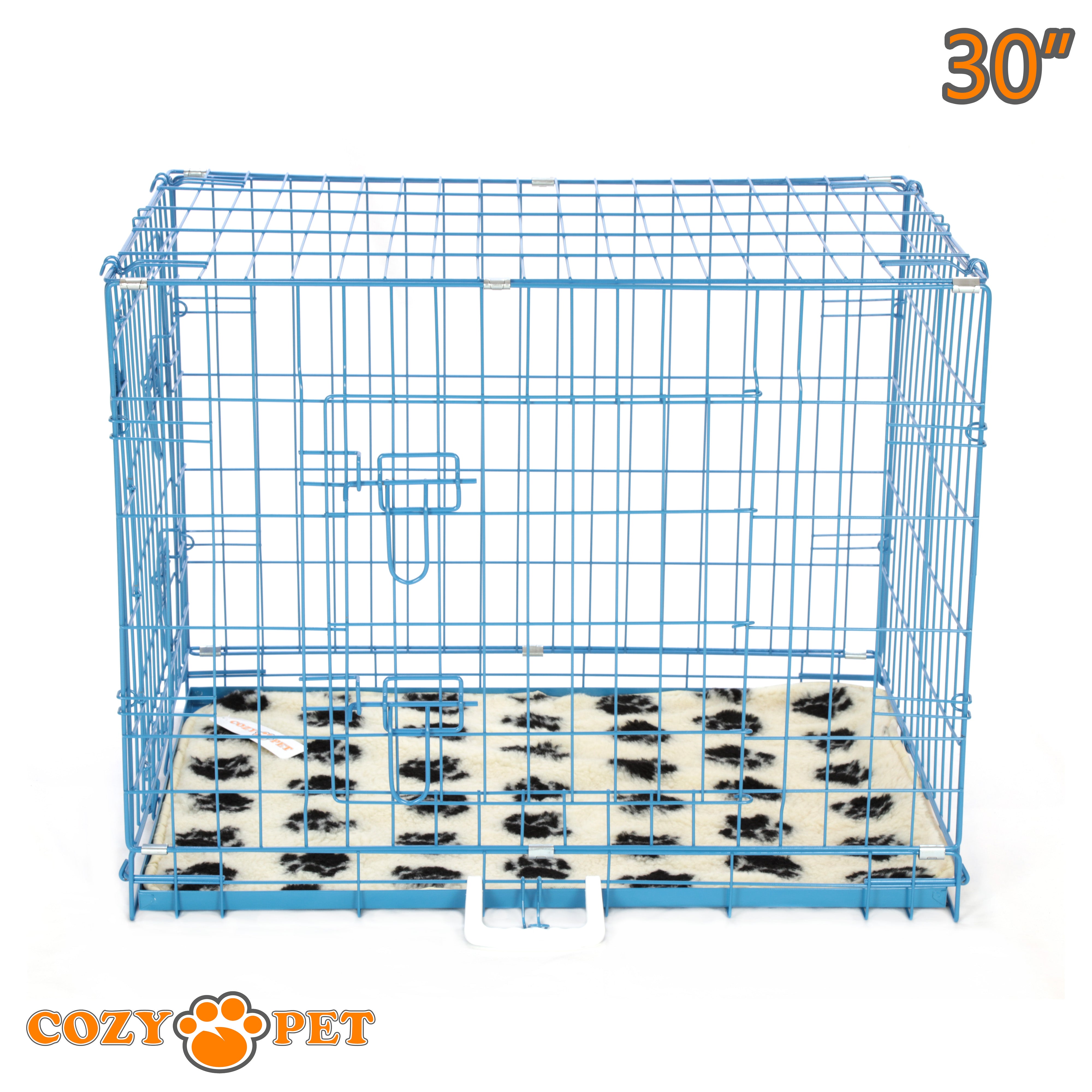 30" Cozy Pet Dog Cage in Blue with Tailored Vet Bedding and Metal Tray - DC30BL + VB30C