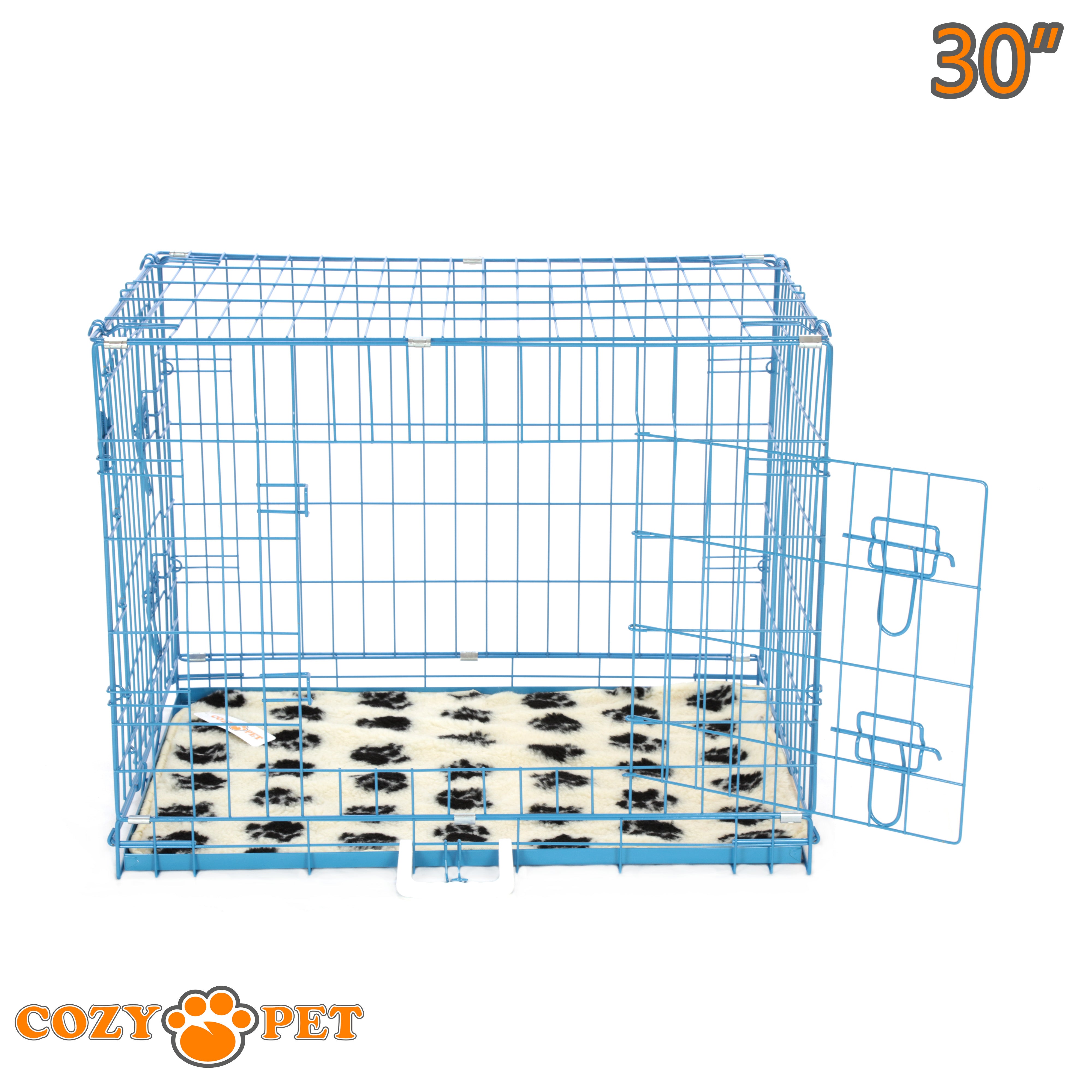 30" Cozy Pet Dog Cage in Blue with Tailored Vet Bedding and Metal Tray - DC30BL + VB30C