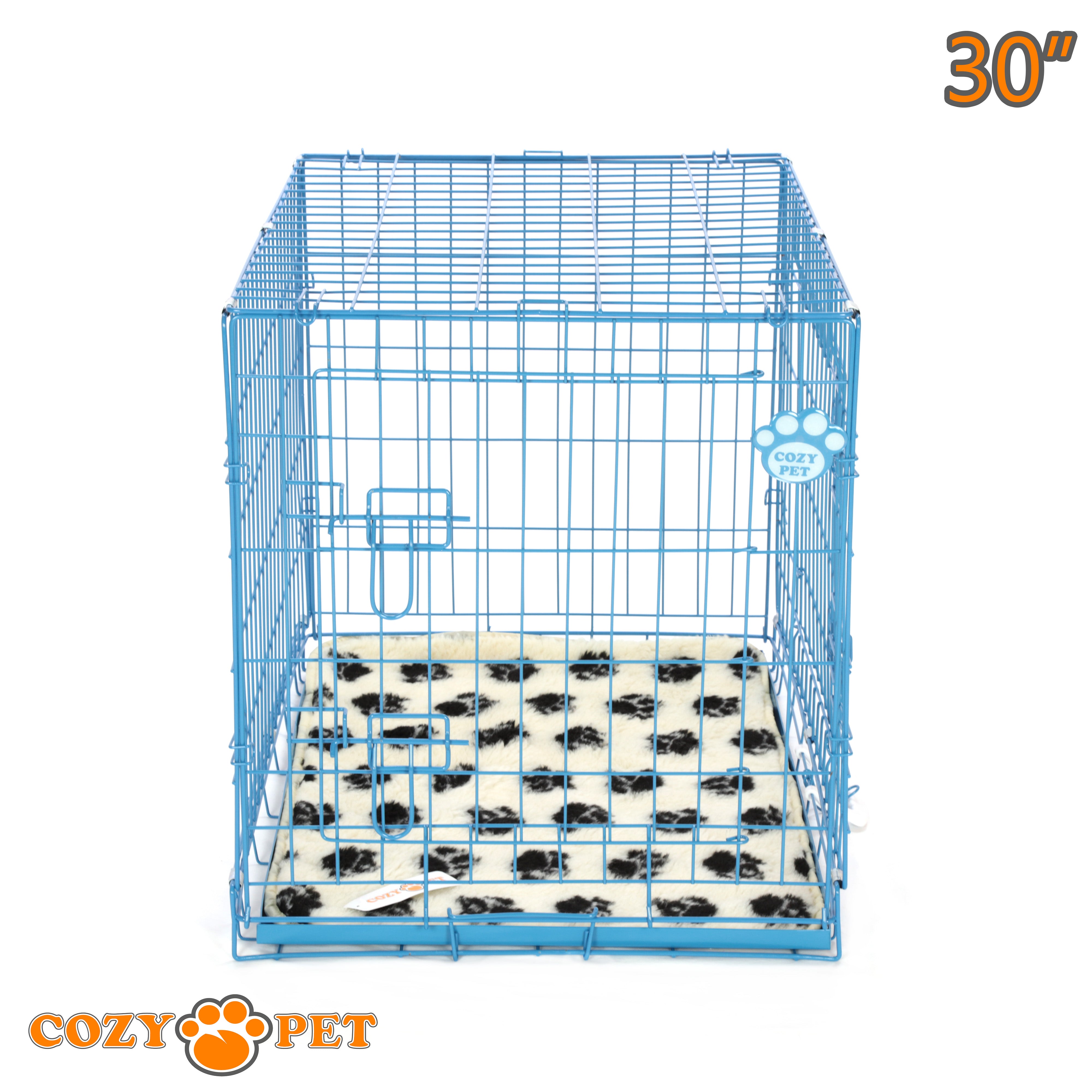 30" Cozy Pet Dog Cage in Blue with Tailored Vet Bedding and Metal Tray - DC30BL + VB30C