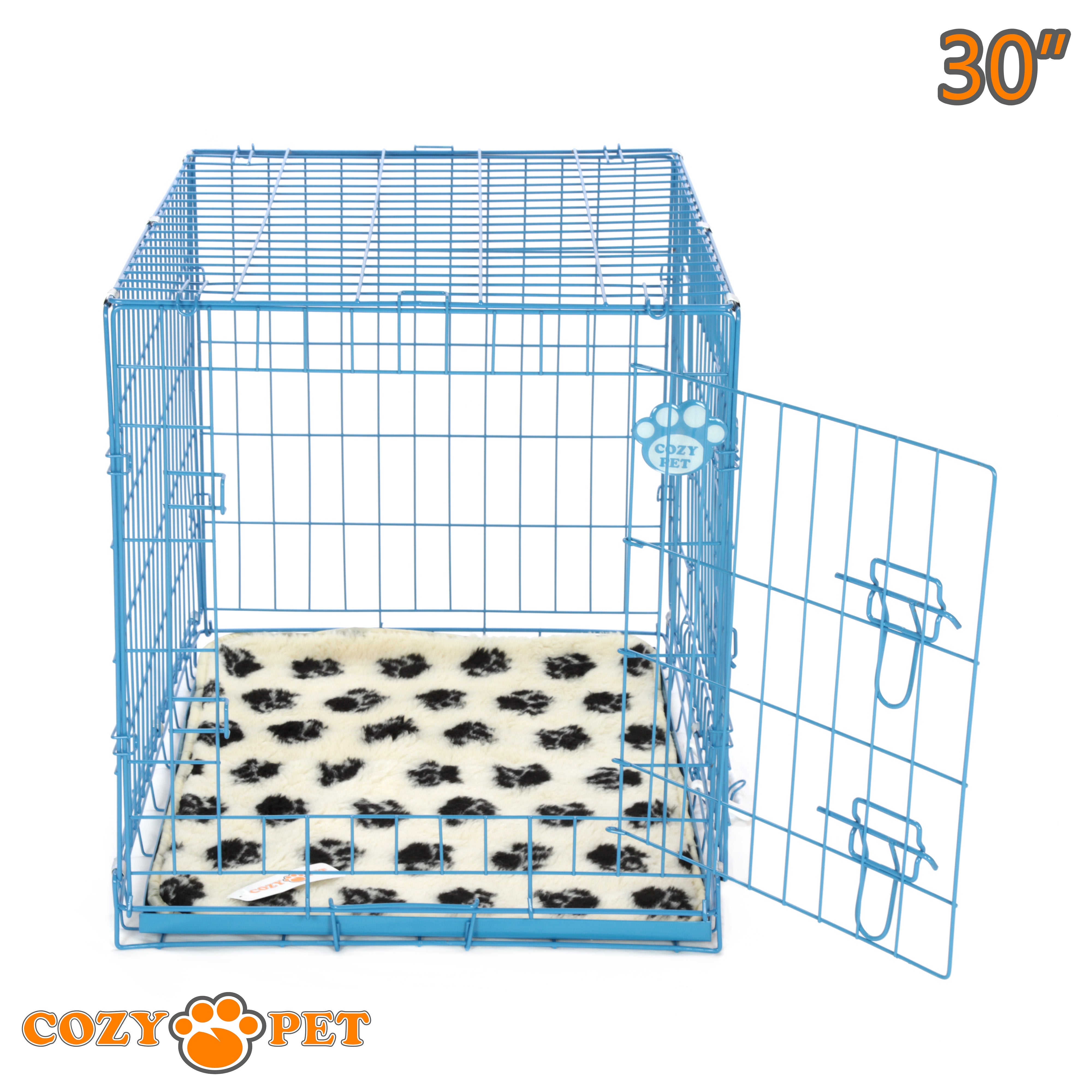 30" Cozy Pet Dog Cage in Blue with Tailored Vet Bedding and Metal Tray - DC30BL + VB30C