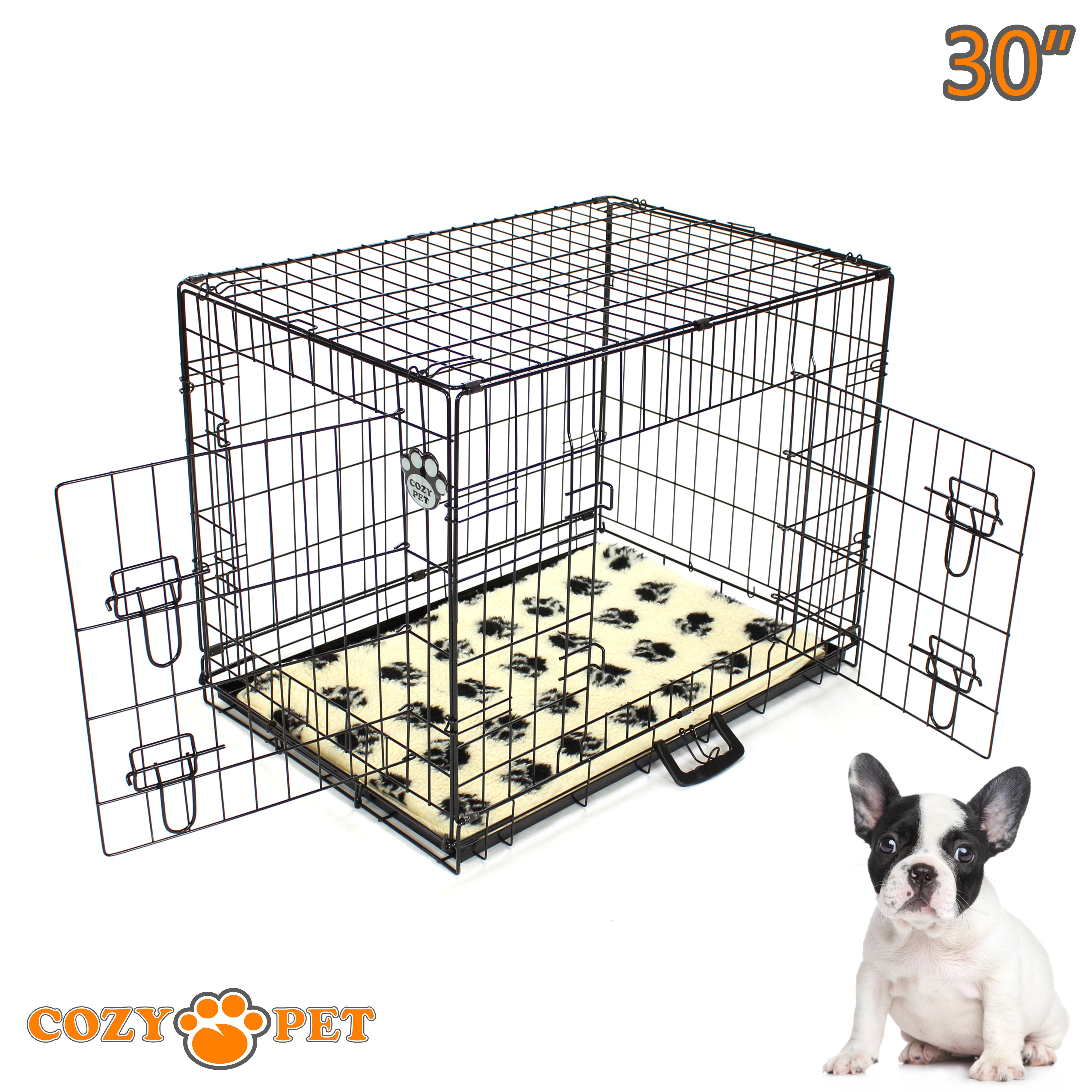 30" Cozy Pet Dog Cage in Black with Tailored Vet Bedding and Metal Tray - DC30B + VB30C