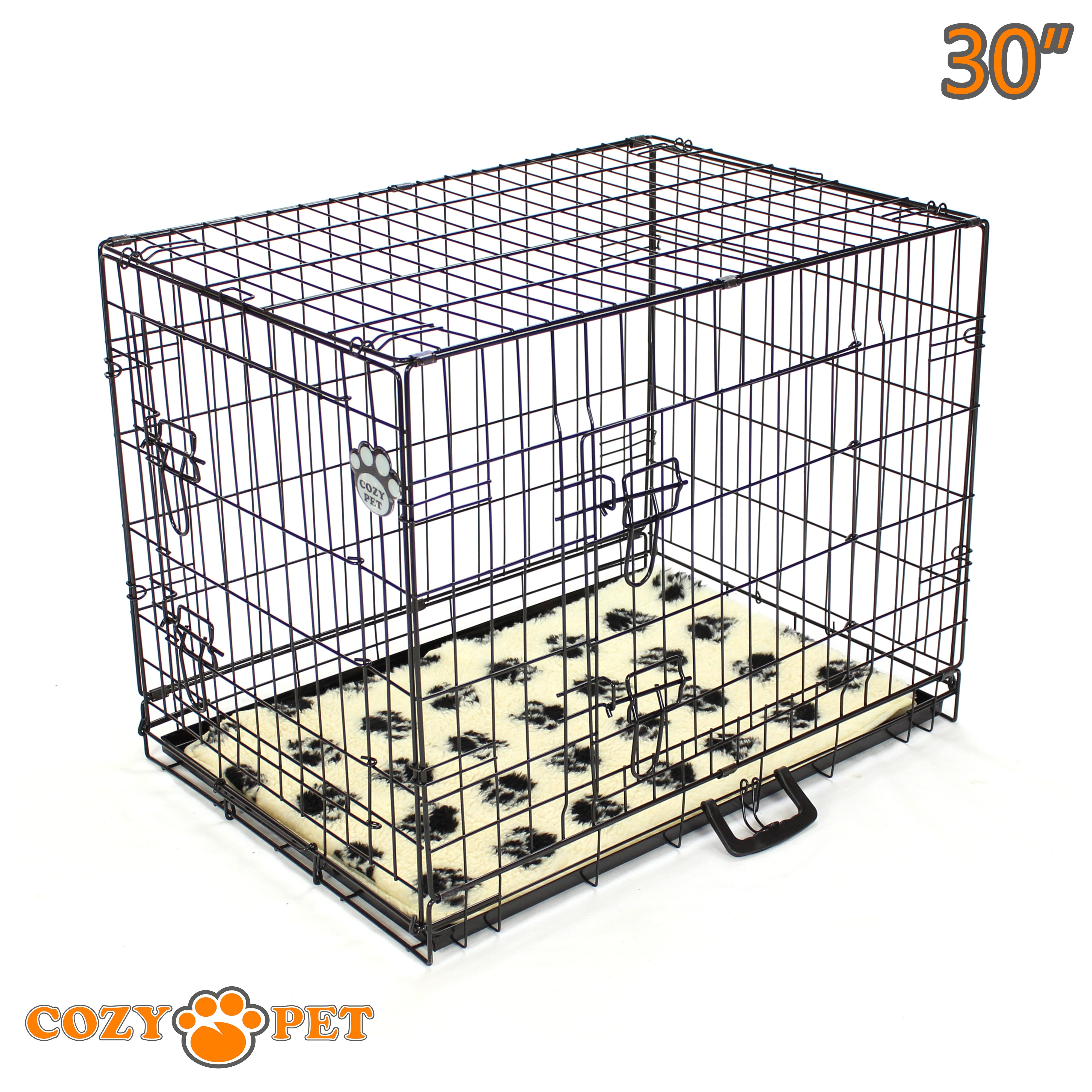 30" Cozy Pet Dog Cage in Black with Tailored Vet Bedding and Metal Tray - DC30B + VB30C