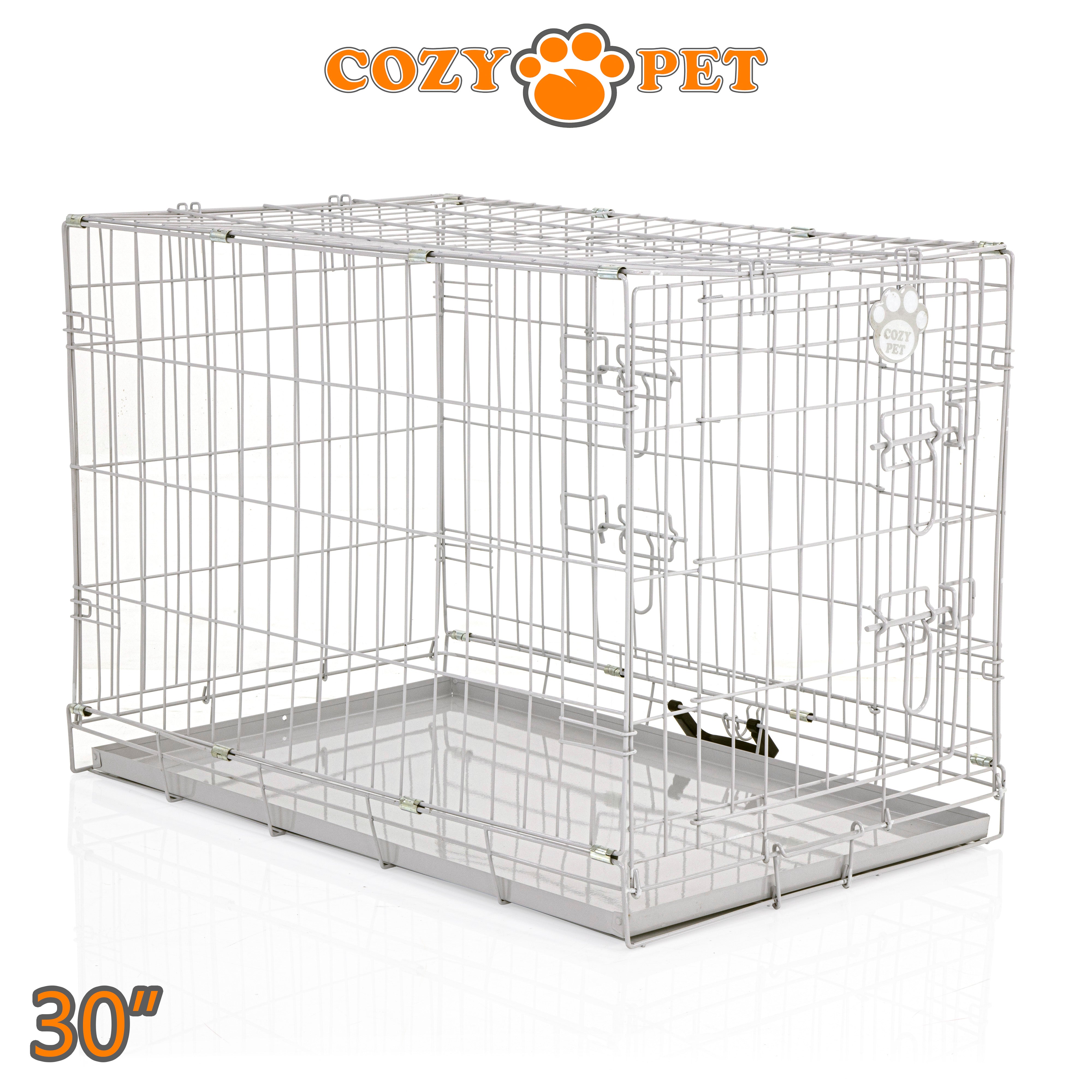 30" Cozy Pet Dog Cage in Light Grey with Metal Tray - DC30G