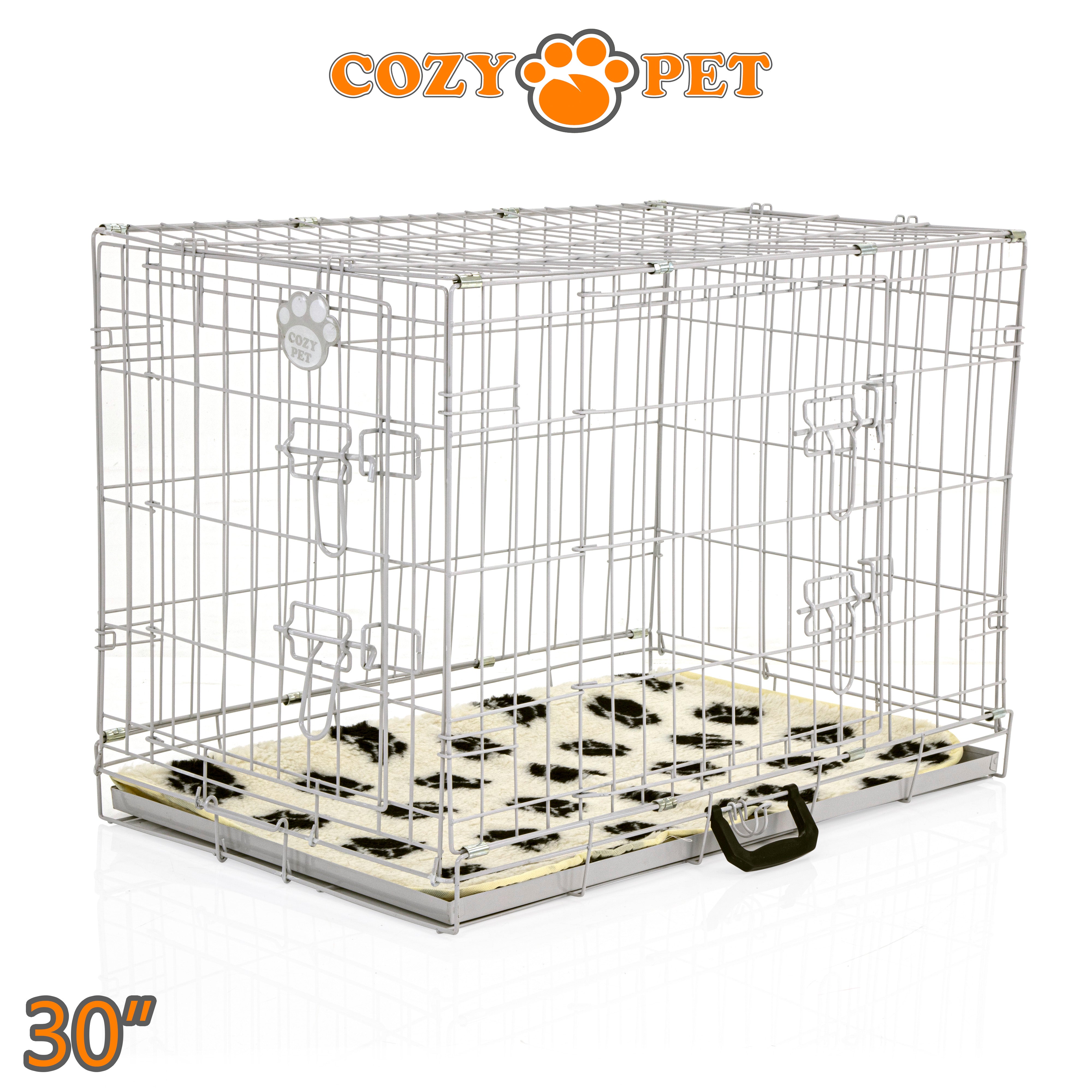 30" Cozy Pet Dog Cage in Light Grey with Tailored Vet Bedding and Metal Tray - DC30G + VB30C