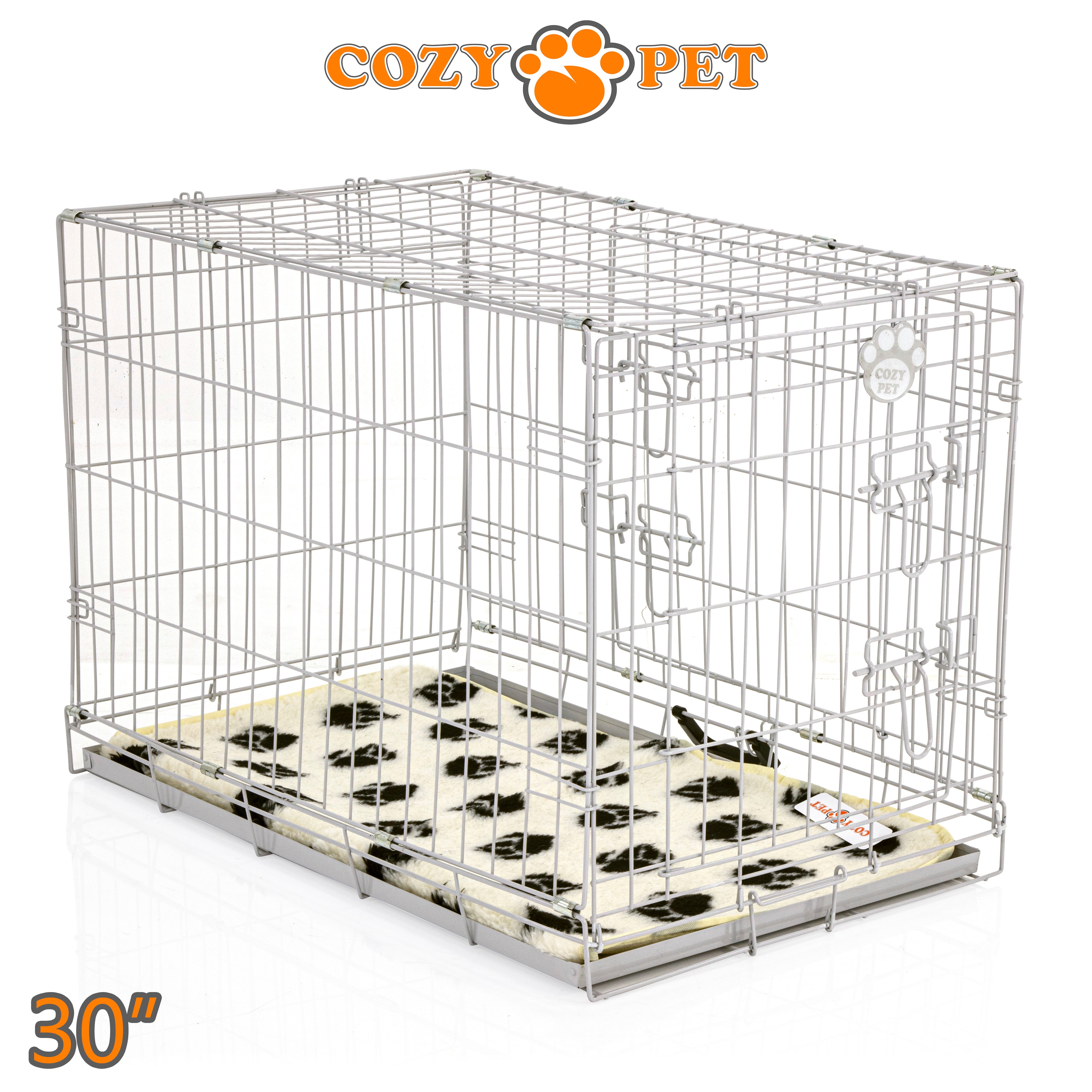 30" Cozy Pet Dog Cage in Light Grey with Tailored Vet Bedding and Metal Tray - DC30G + VB30C