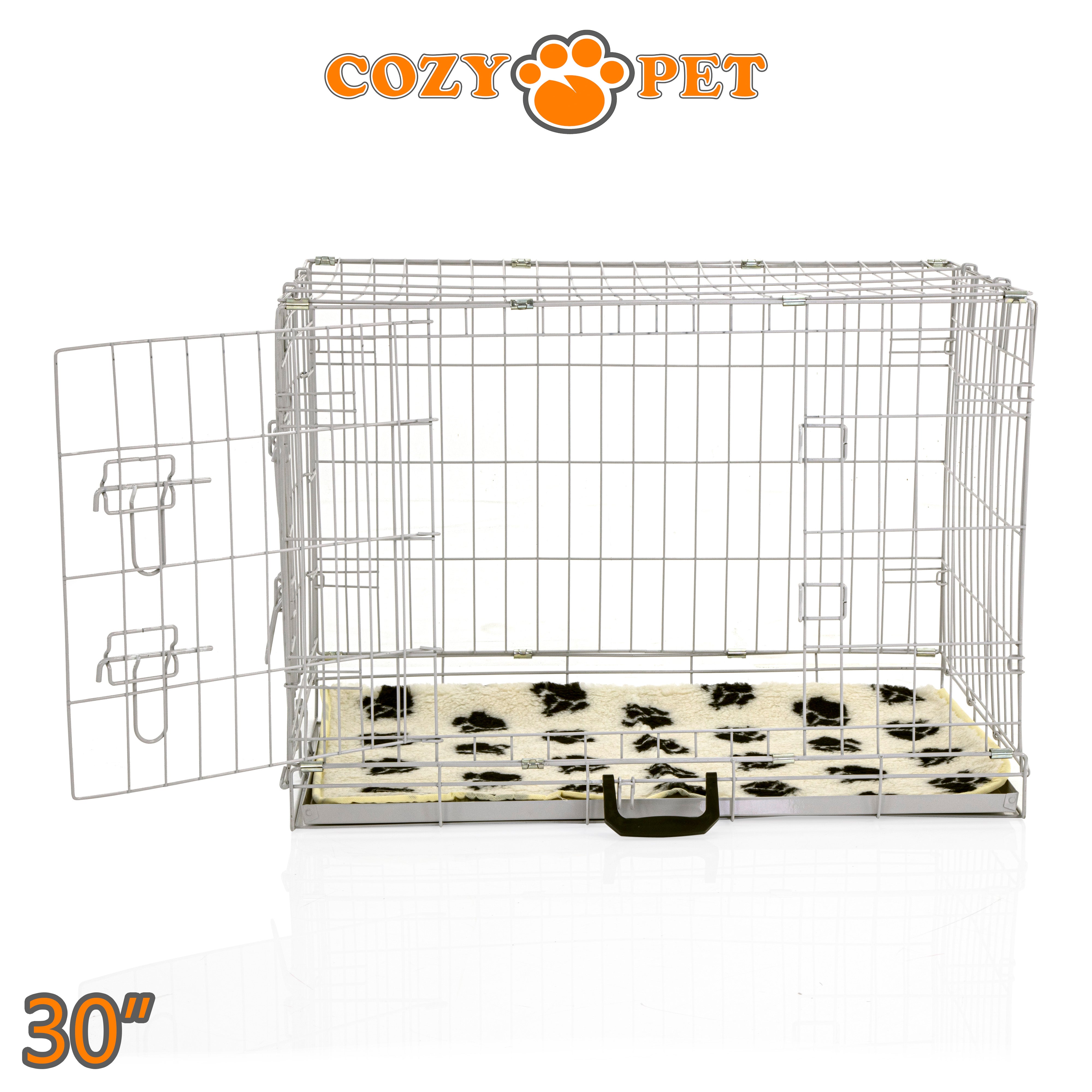 30" Cozy Pet Dog Cage in Light Grey with Tailored Vet Bedding and Metal Tray - DC30G + VB30C