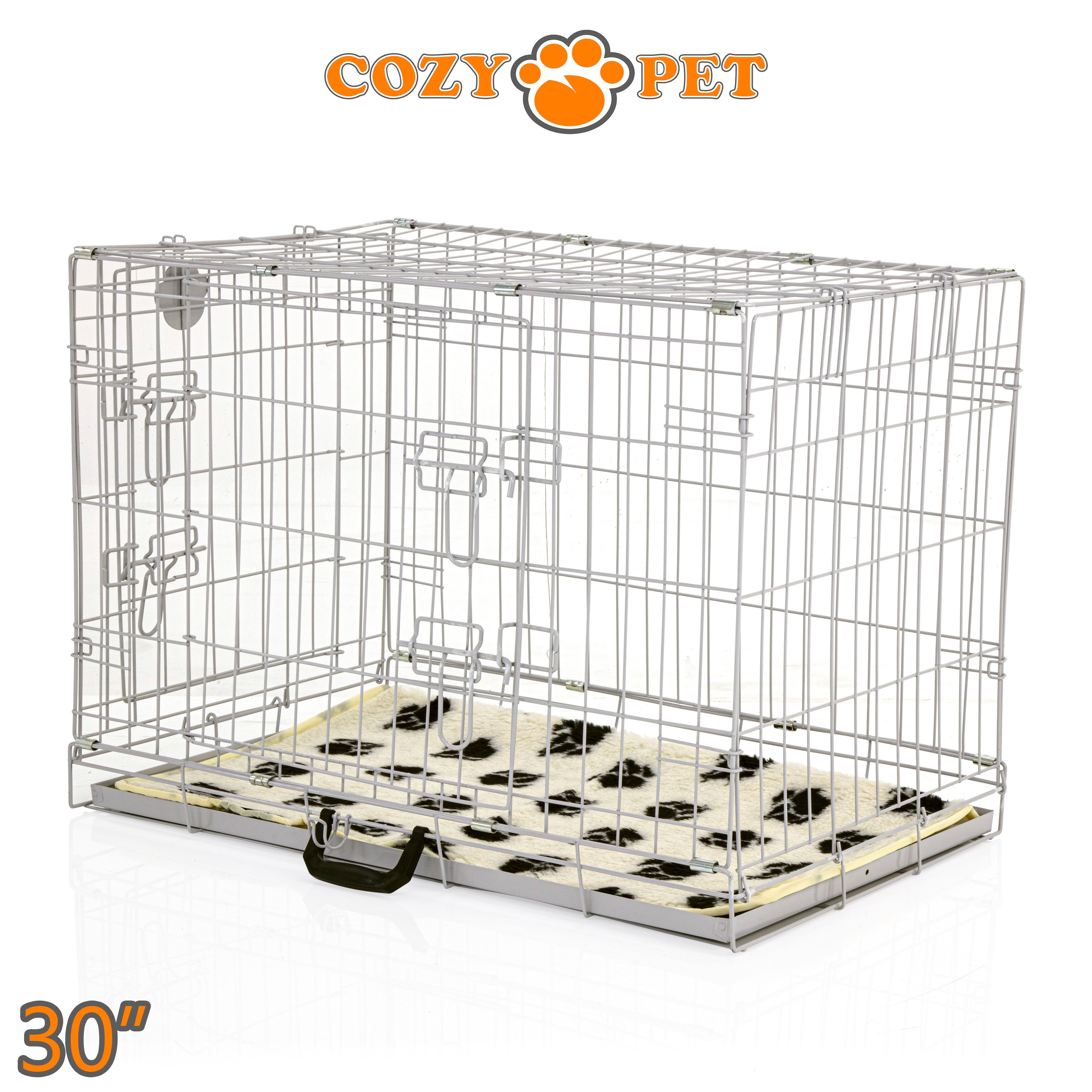 30" Cozy Pet Dog Cage in Light Grey with Tailored Vet Bedding and Metal Tray - DC30G + VB30C