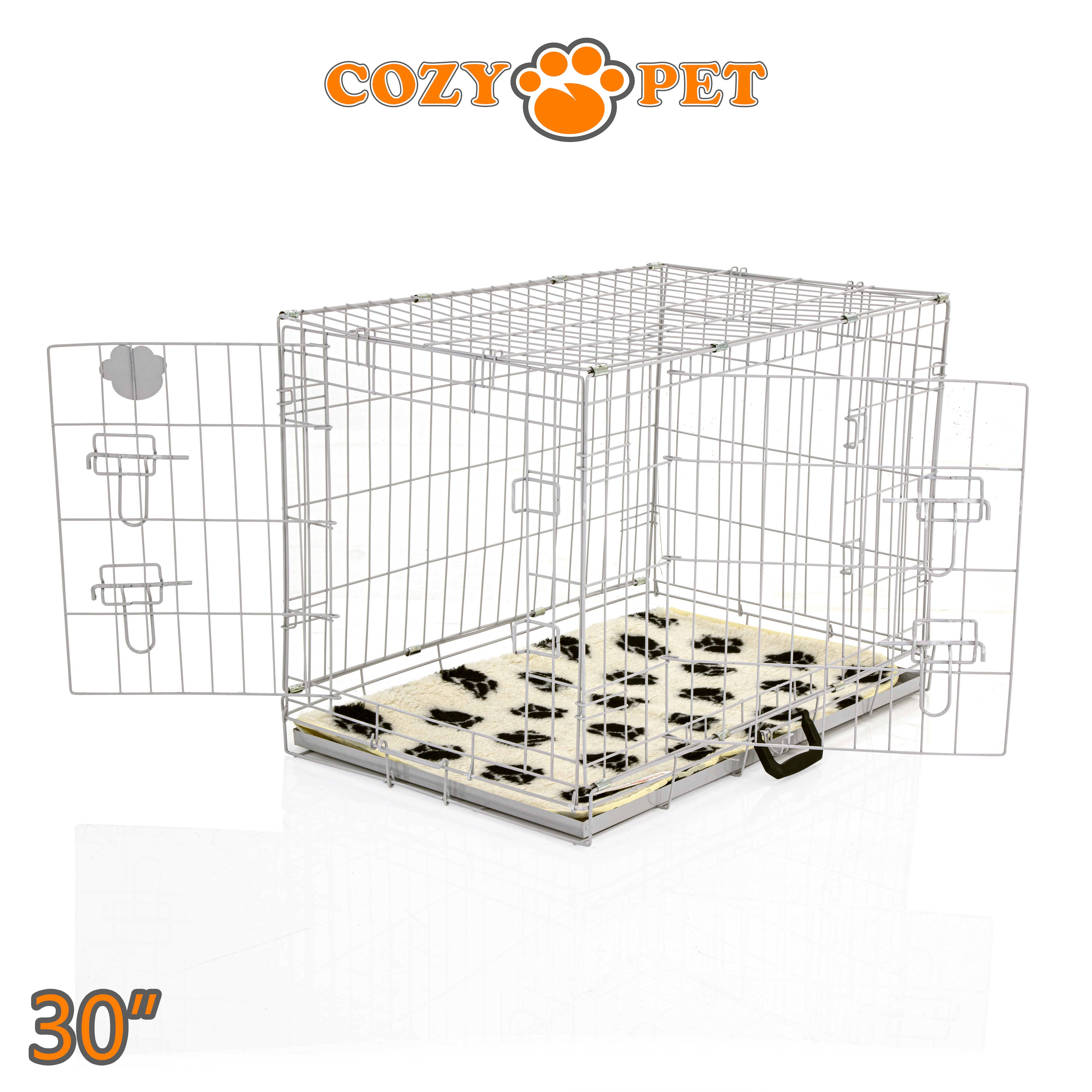 30" Cozy Pet Dog Cage in Light Grey with Tailored Vet Bedding and Metal Tray - DC30G + VB30C