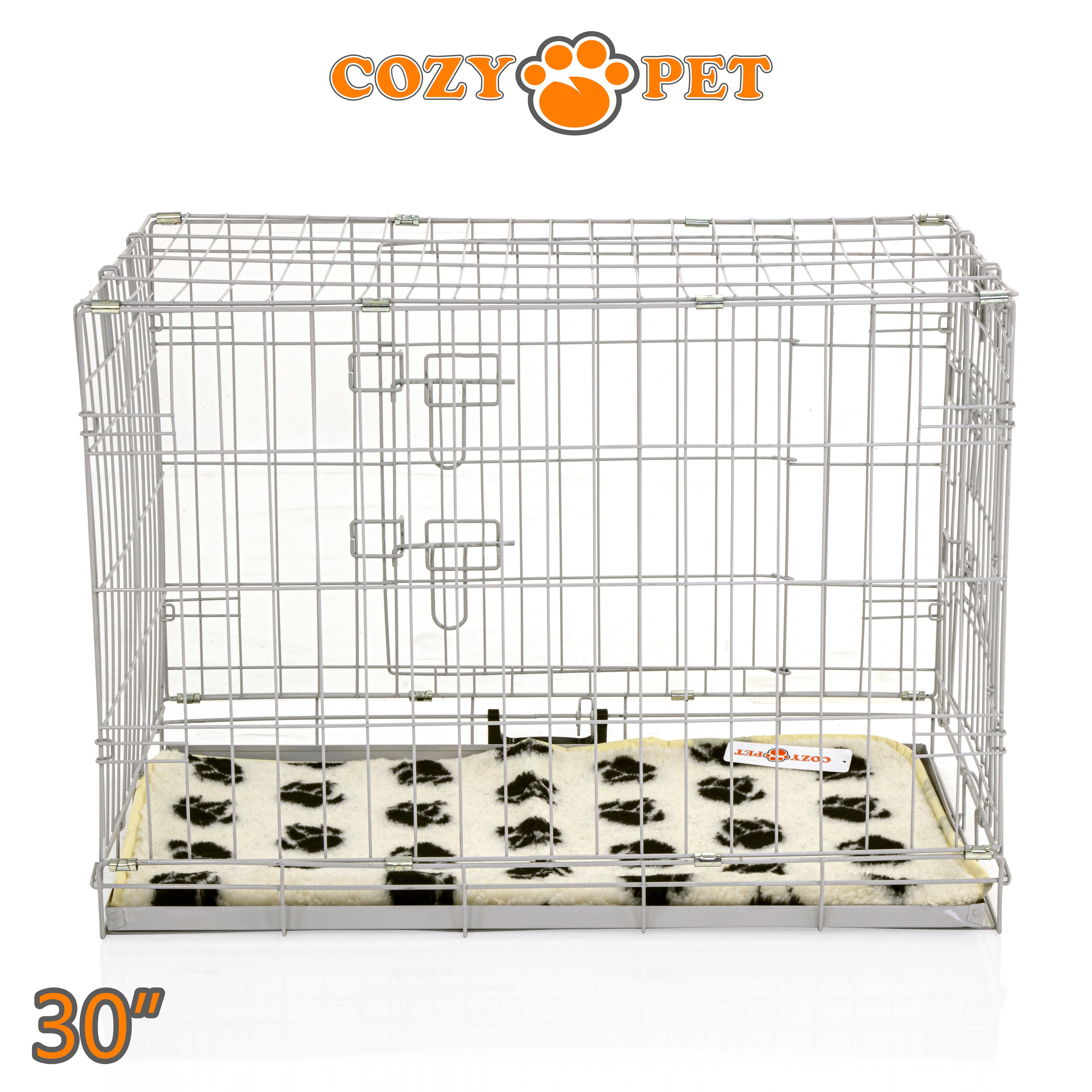 30" Cozy Pet Dog Cage in Light Grey with Tailored Vet Bedding and Metal Tray - DC30G + VB30C