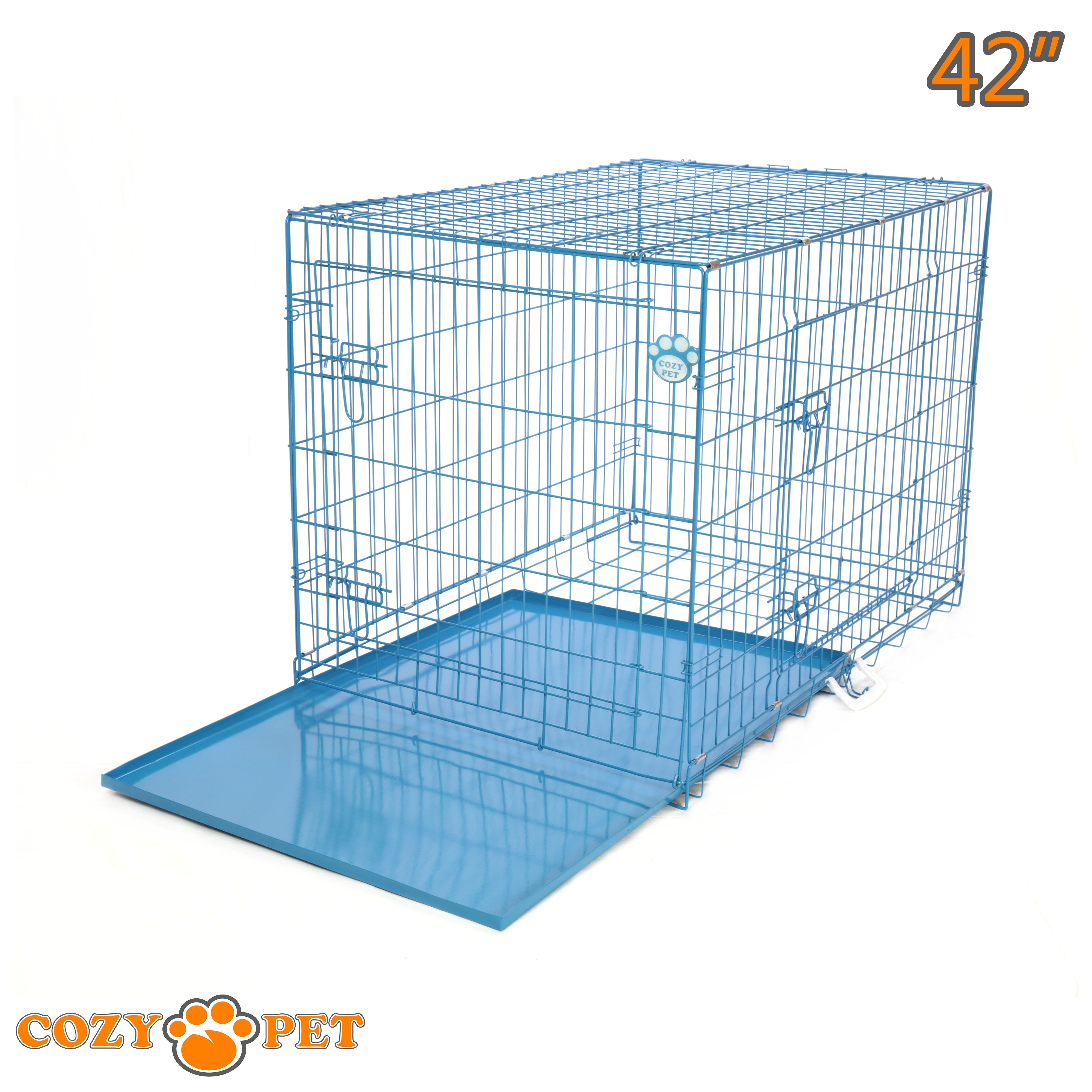 42" Cozy Pet Dog Cage in Blue with Taylored Vet Bedding and Metal Tray - DC42BL + VB42C