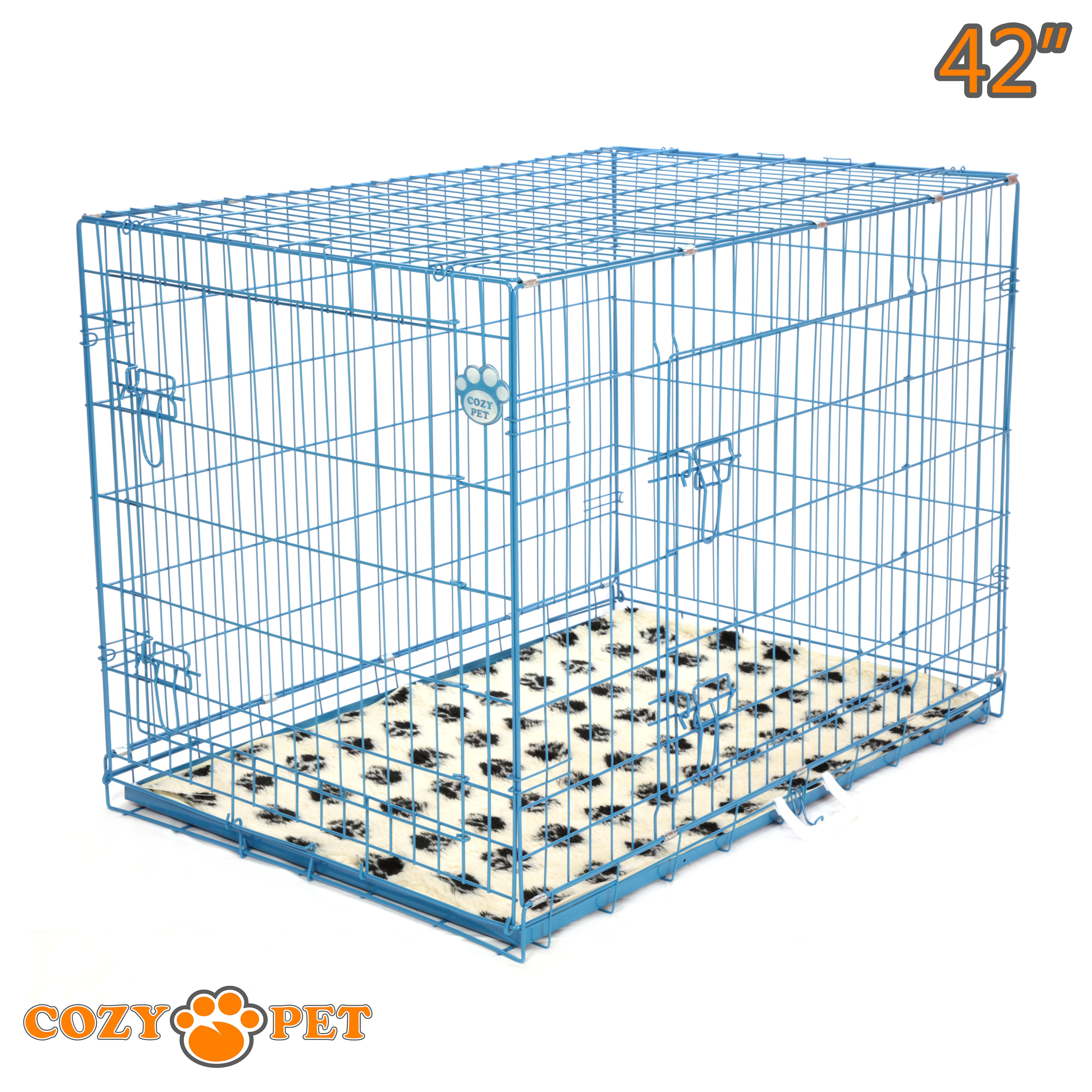 42" Cozy Pet Dog Cage in Blue with Taylored Vet Bedding and Metal Tray - DC42BL + VB42C