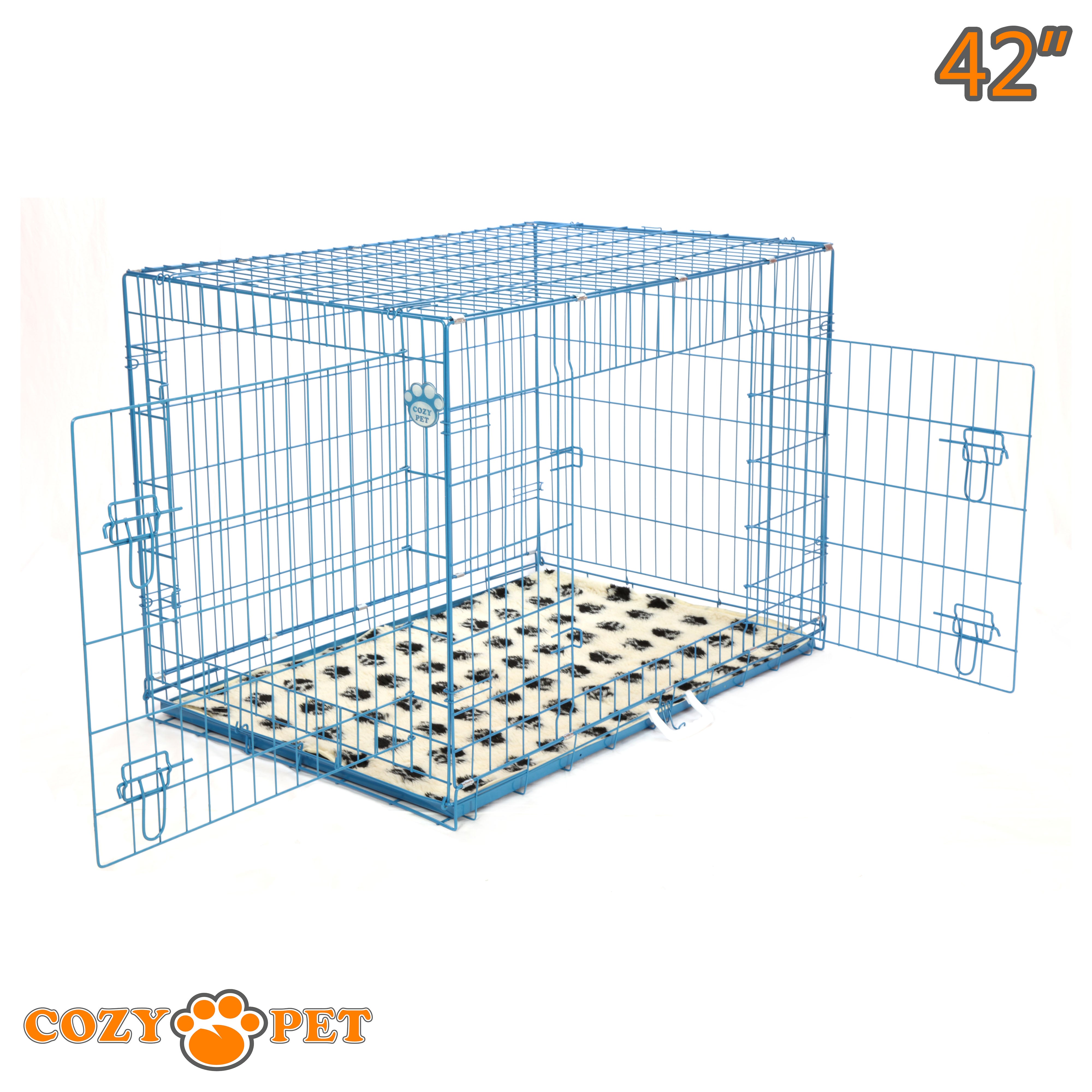 42" Cozy Pet Dog Cage in Blue with Taylored Vet Bedding and Metal Tray - DC42BL + VB42C