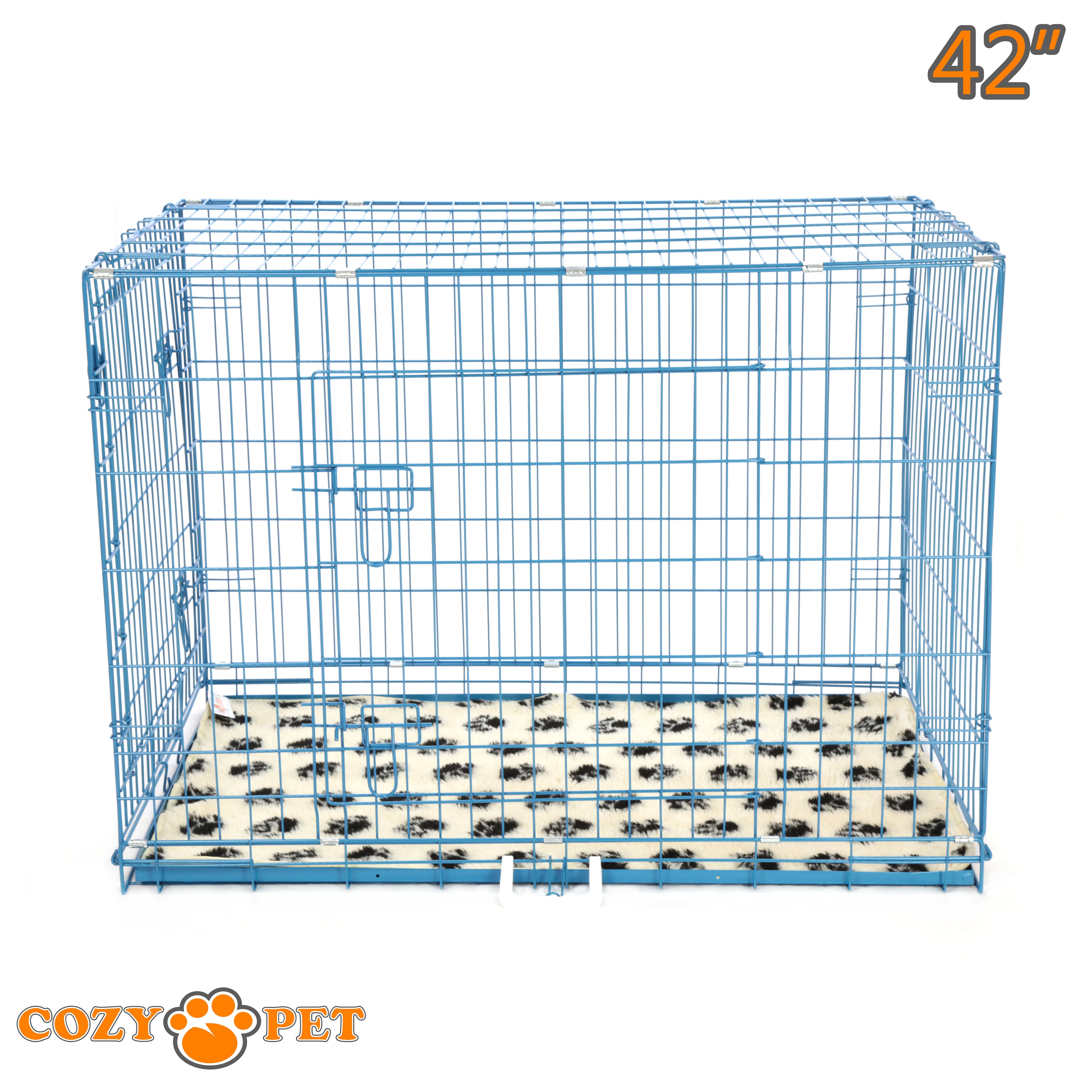 42" Cozy Pet Dog Cage in Blue with Taylored Vet Bedding and Metal Tray - DC42BL + VB42C