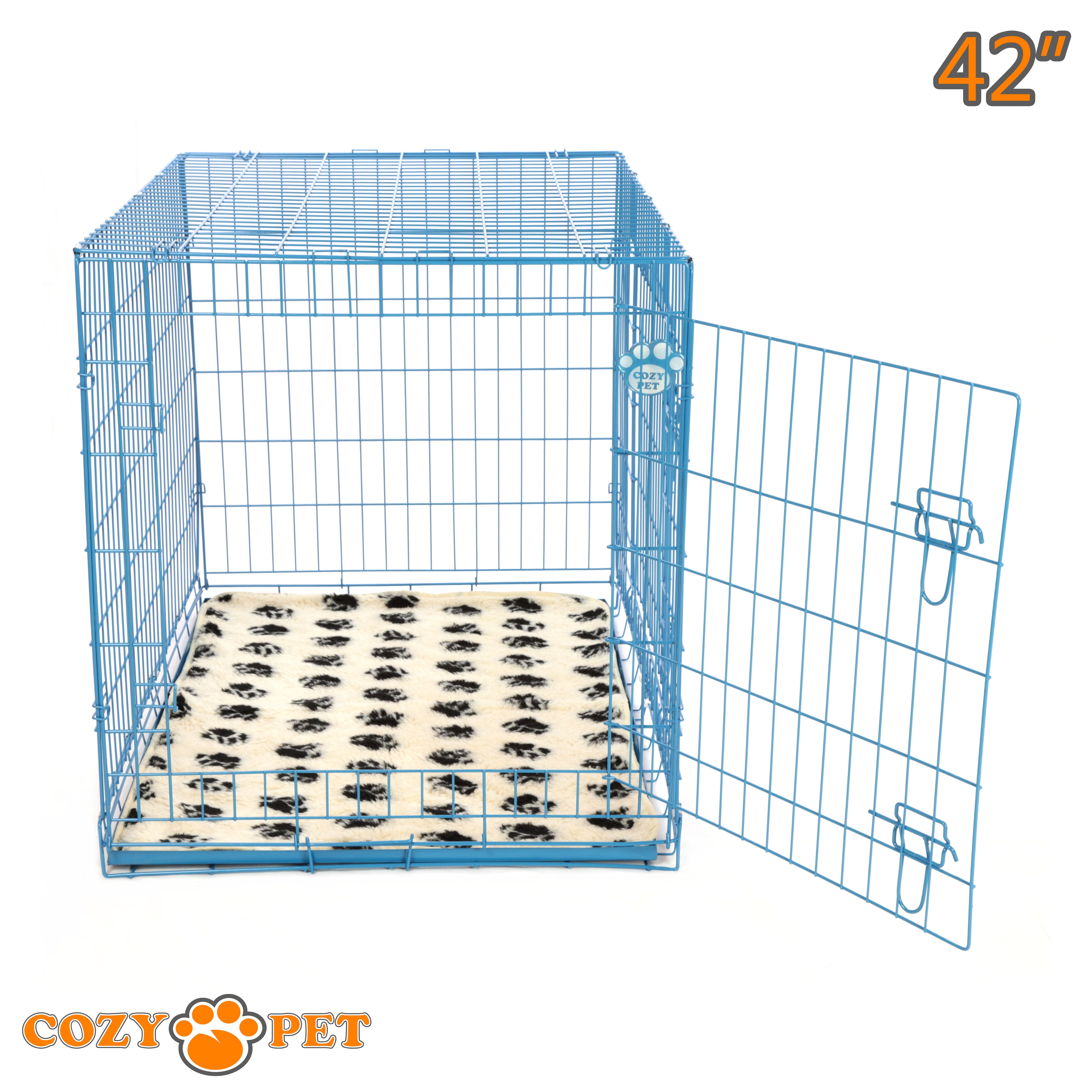 42" Cozy Pet Dog Cage in Blue with Taylored Vet Bedding and Metal Tray - DC42BL + VB42C